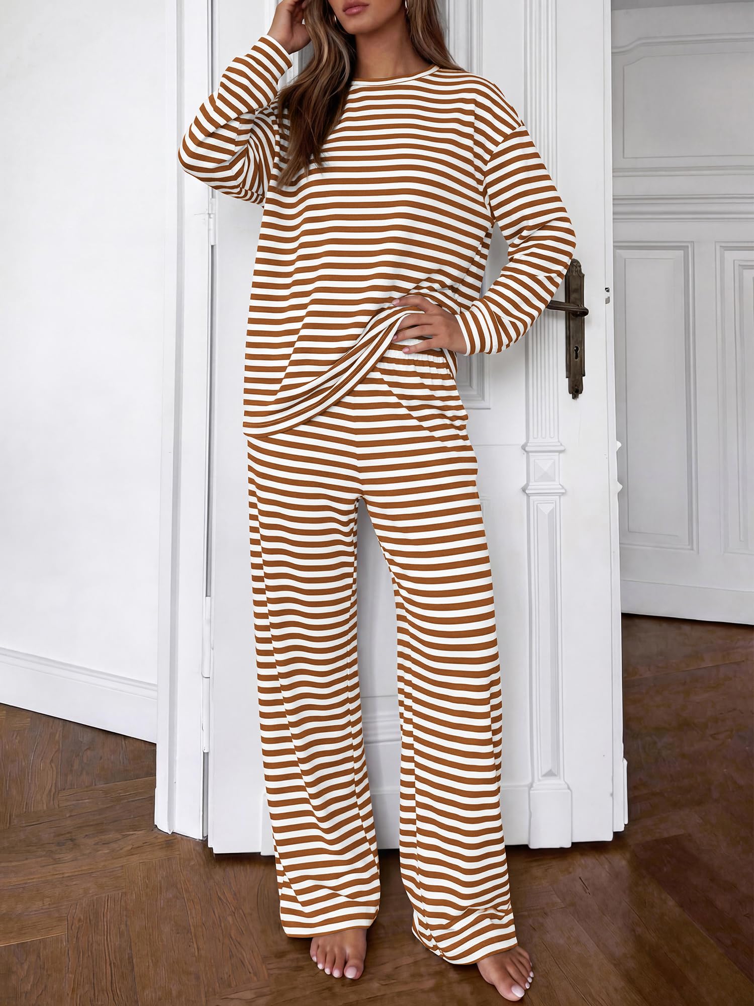 BTFBM Striped Lounge Set Sweatsuits Women 2 Piece Outfit | Womens Pajama Sets, Crew Neck Sweatshirt and Wide Leg Pants, Pockets, Airport, Travel, Vacation Outfits, Fall Winter Clothes