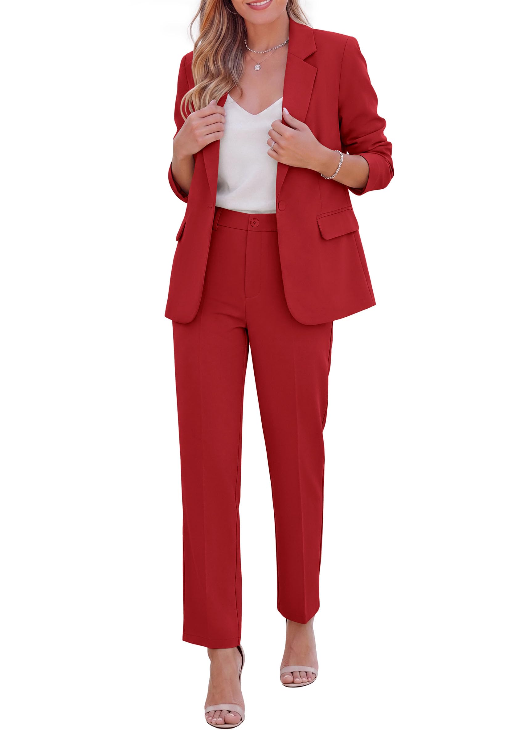 PRETTYGARDEN Two Piece Sets for Women Dressy Pant Suits Lapel Blazer,Straight Leg Dress Pants,Professional Interview Suit Set,Business Casual Outfits,Office Work Clothes,Fall Winter