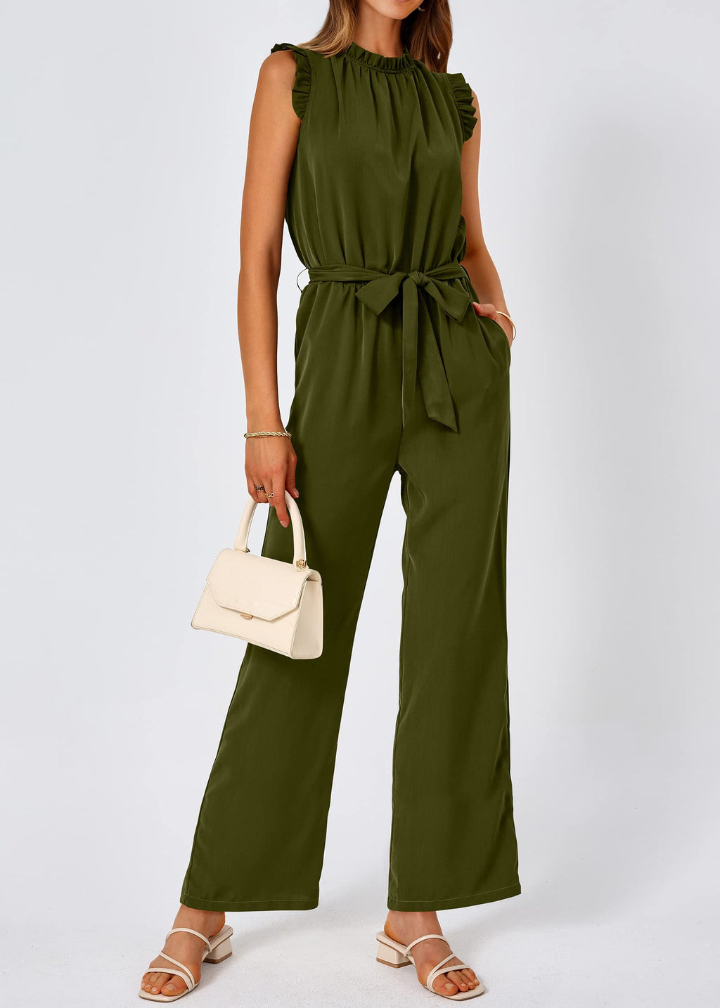 FreshPretty Jumpsuits For Women Dressy Summer One Piece Sleeveless Ruffle Mock Neck Belt Pockets Formal Wide Leg Pants Romper