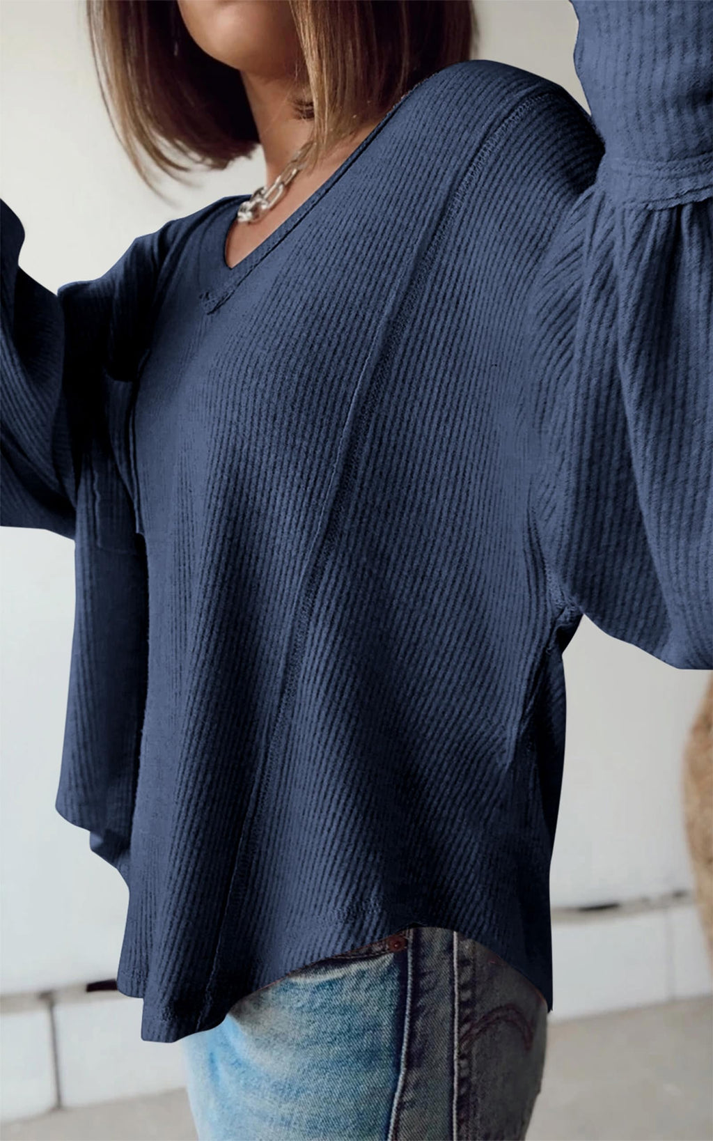 BTFBM Womens Fall Fashion Long Sleeve Shirts Casual V Neck Ribbed Knit Blouses Pullover Trendy Loose Fit Tunic Tops