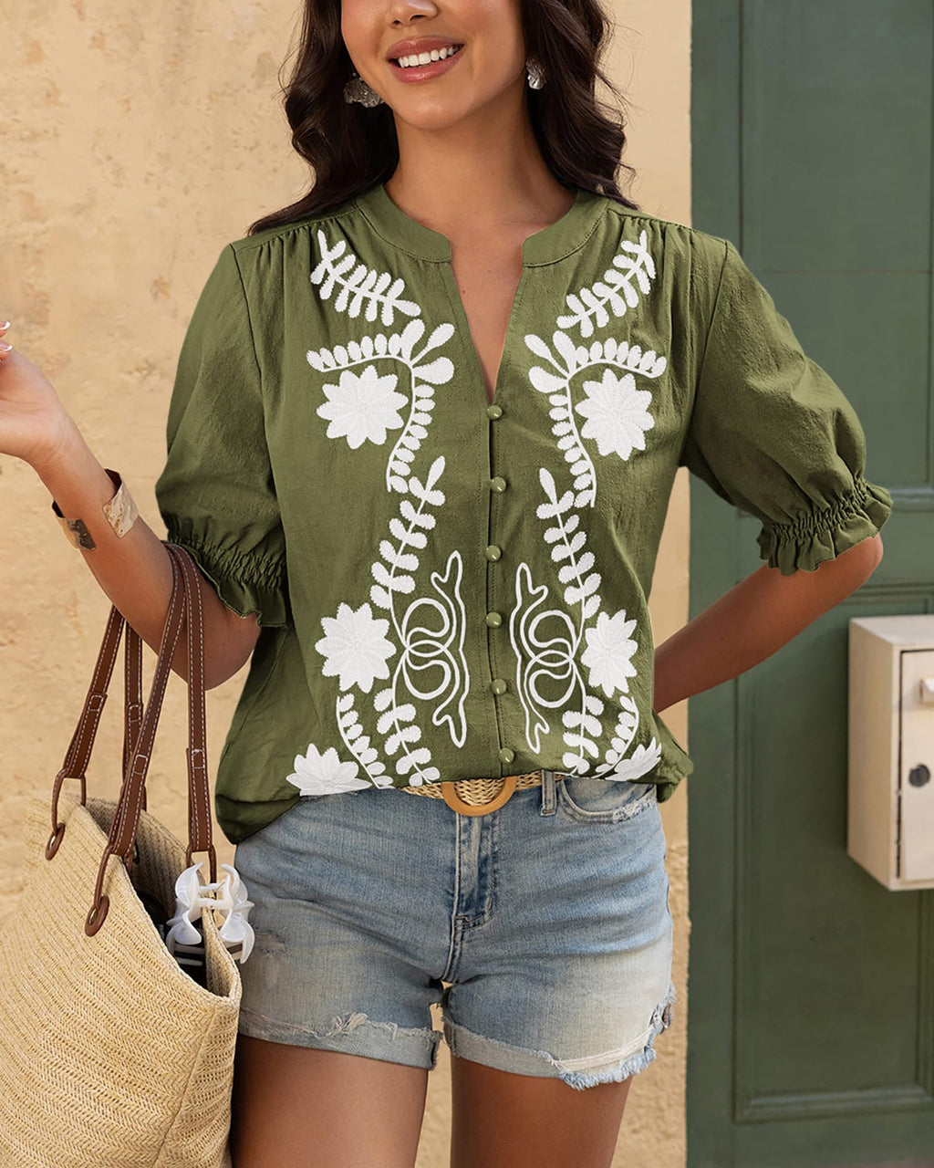 BTFBM Women's Spring Tops Casual Floral Boho V Neck Puff Short Sleeve Button Down Shirts Embroidered Blouses Tunic