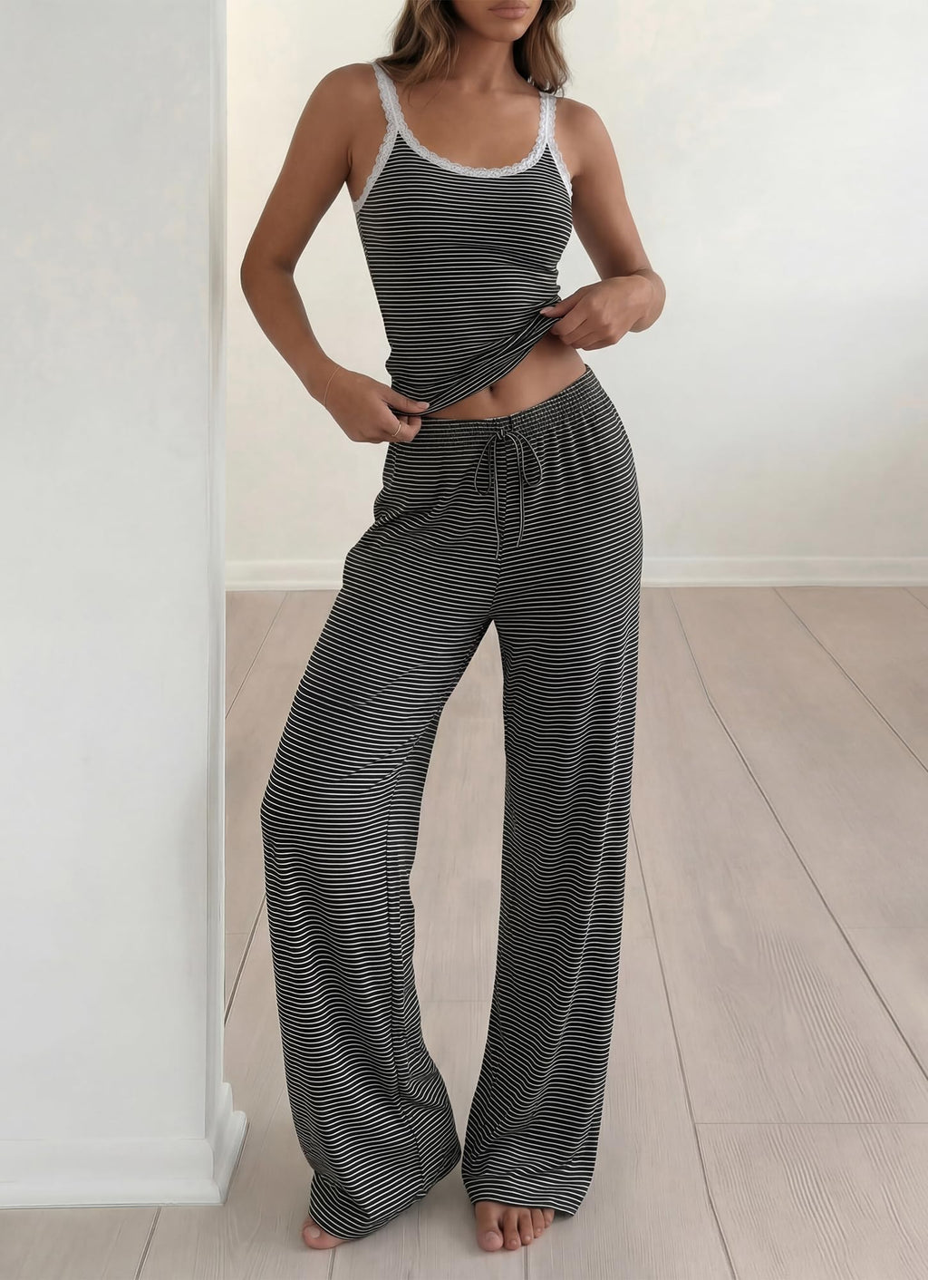 BTFBM Lounge Sets For Women Striped 2 Piece Pajama Sets Spaghetti Strap Tops Wide Leg Pants Beach Vacation Outfits
