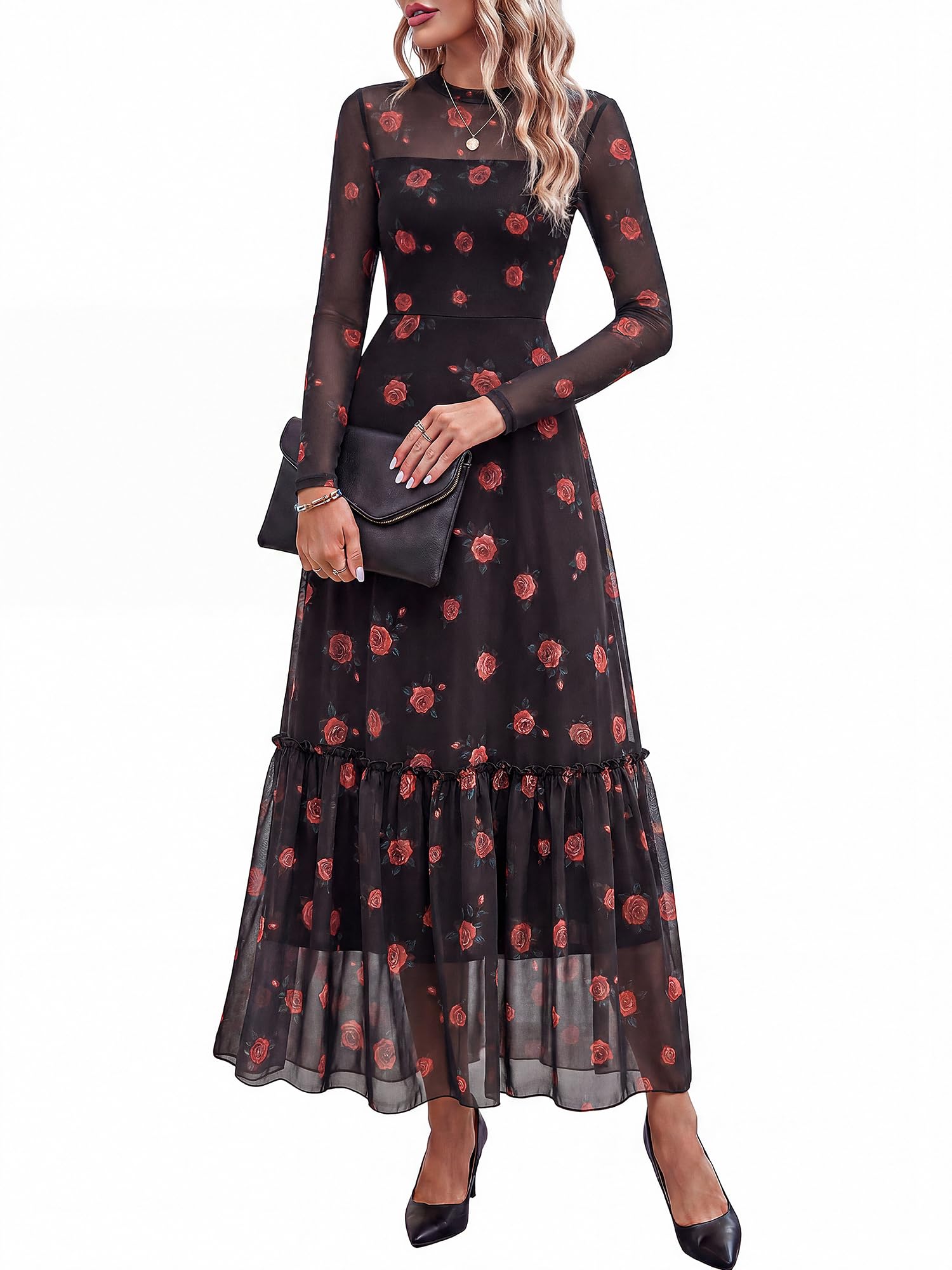 BTFBM Boho Mesh Long Sleeve Dress for Women | Mock Neck, Floral, A Line, Tiered, Graduation, Wedding, Cocktail Maxi Dresses, Fall Fashion, Resort Wear