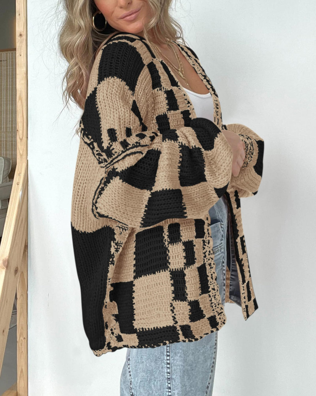 FreshPretty Casual Cardigan Sweater for Women Fall Long Sleeve Open Front Chunky Knit Sweaters Checkered Outwear Coat