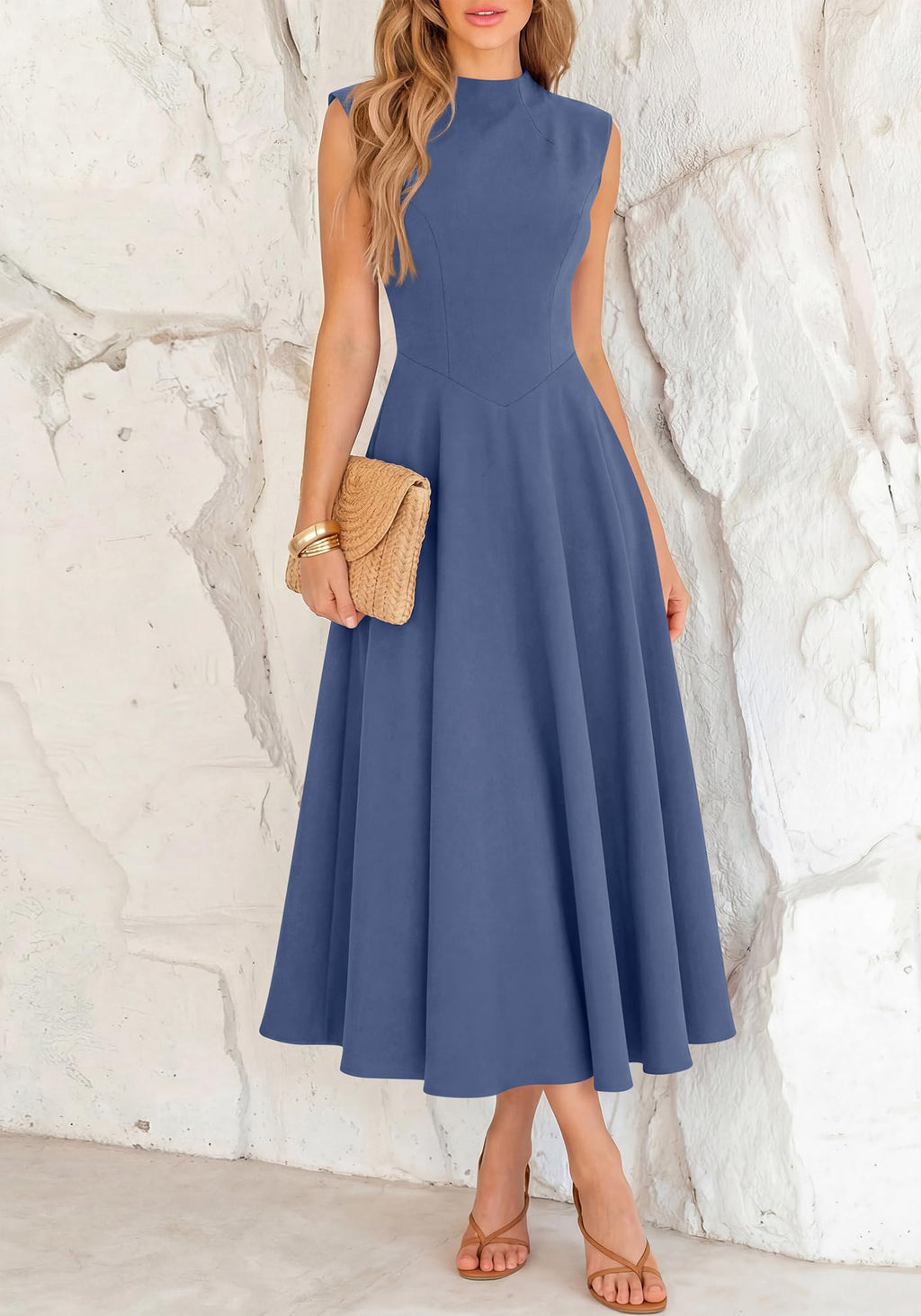 BTFBM Summer Dresses for Women Mock Neck Sleeveless High Waist Flowy Aline Maxi Spring Wedding Guest Dress Cocktail