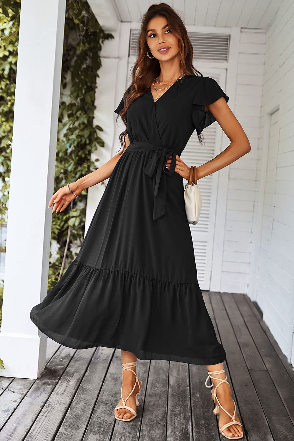 PRETTYGARDEN Women's Summer Floral Boho Maxi Dress Wrap Short Sleeve V Neck Ruffle A-Line Flowy Wedding Guest Long Dresses