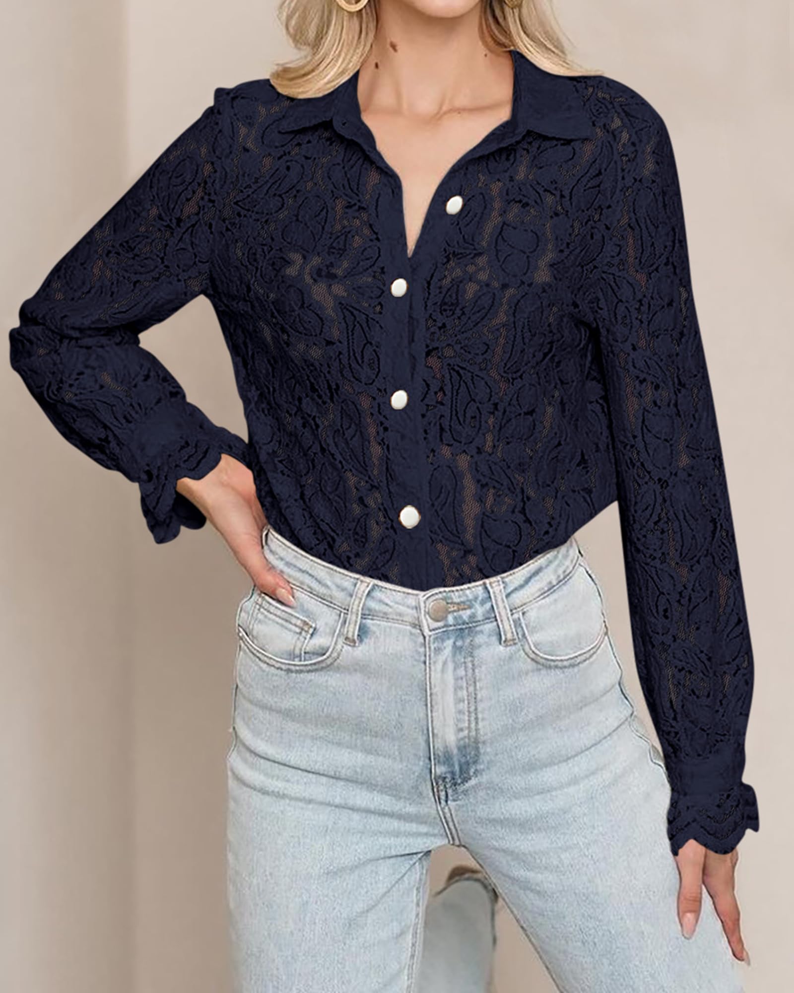 FreshPretty Long Sleeve Lace Blouses for Women Spring Dressy Casual Button Down Shirts Date Night Outfit Club Party Tops