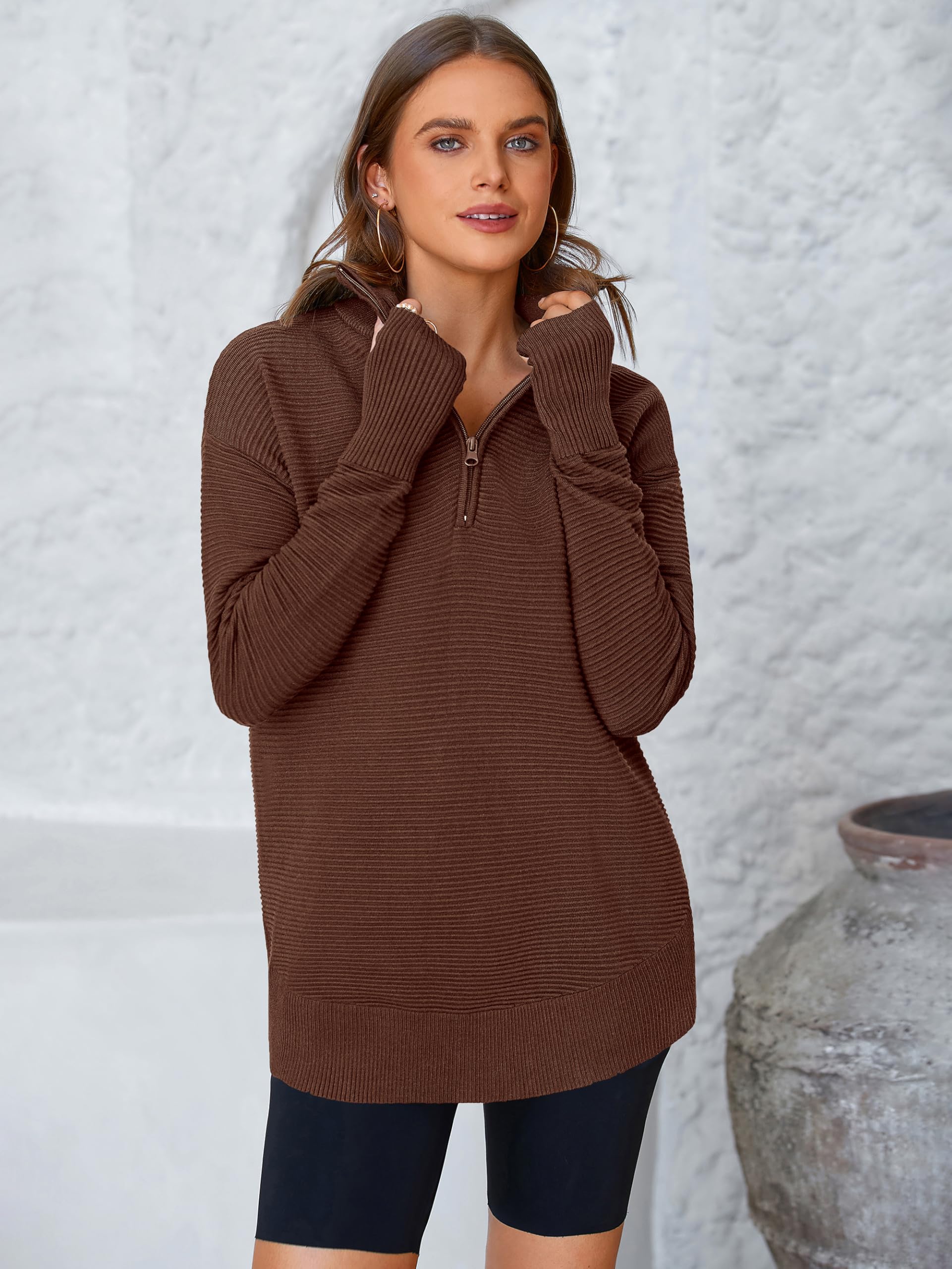 PRETTYGARDEN Womens Long Sleeve Quarter Zip Pullover Sweater Casual Loose V Neck Collared Ribbed Knit Jumper Tops Thumb Hole