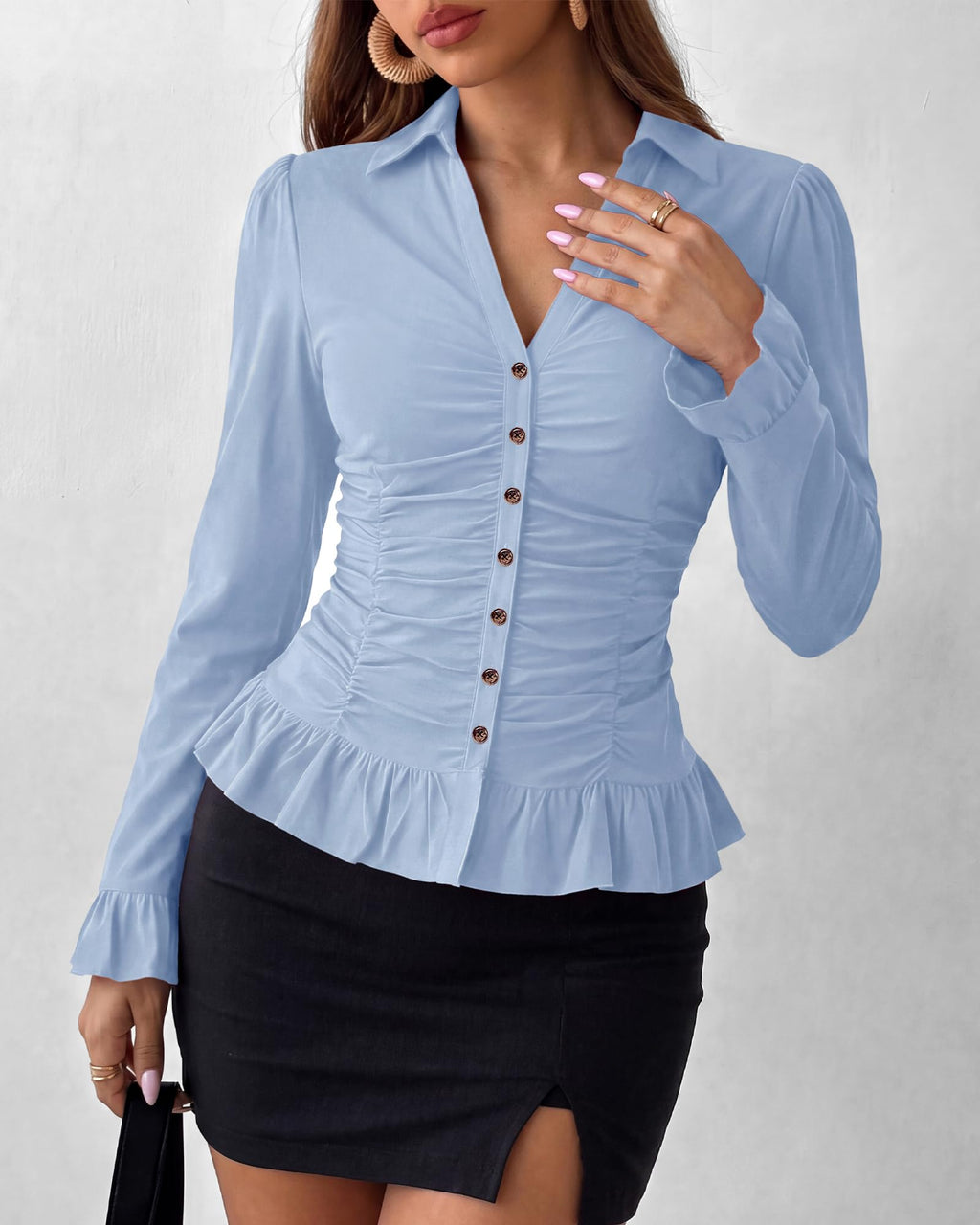 BTFBM Fitted Button Down Shirts for Women Dressy Casual Tops Collar V Neck Long Sleeve Ruched Tops, Stretchy Ruffle Blouses, Fall Fashion Clothing, Work Date Night Going Out Outfits