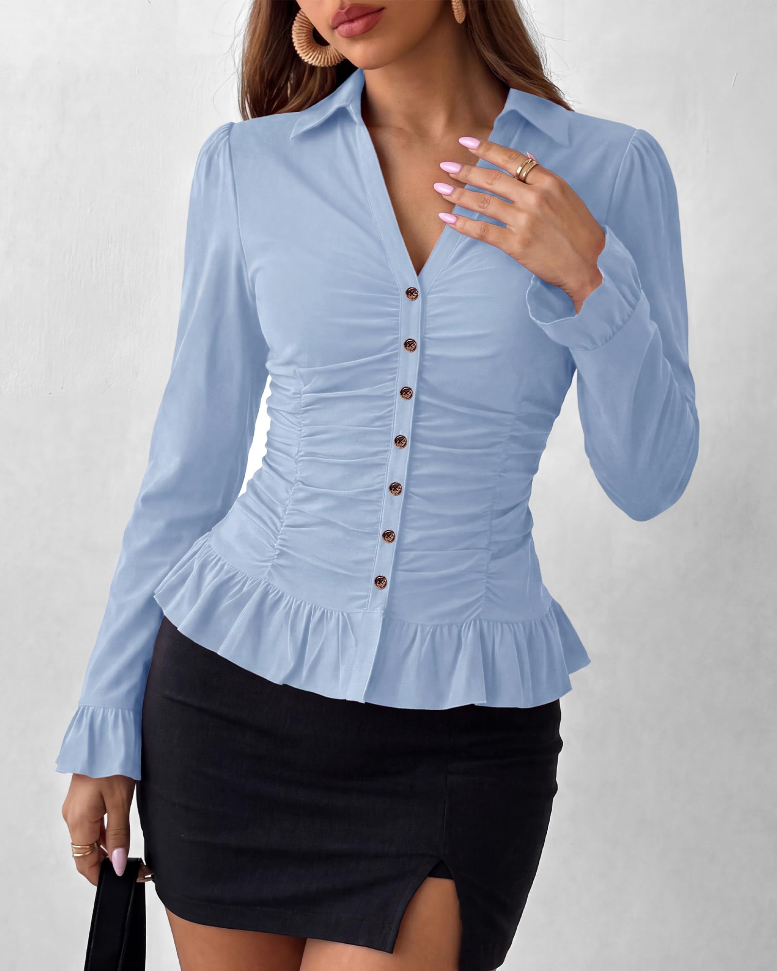 BTFBM Fitted Button Down Shirts for Women Dressy Casual Tops Collar V Neck Long Sleeve Ruched Tops, Stretchy Ruffle Blouses, Fall Fashion Clothing, Work Date Night Going Out Outfits
