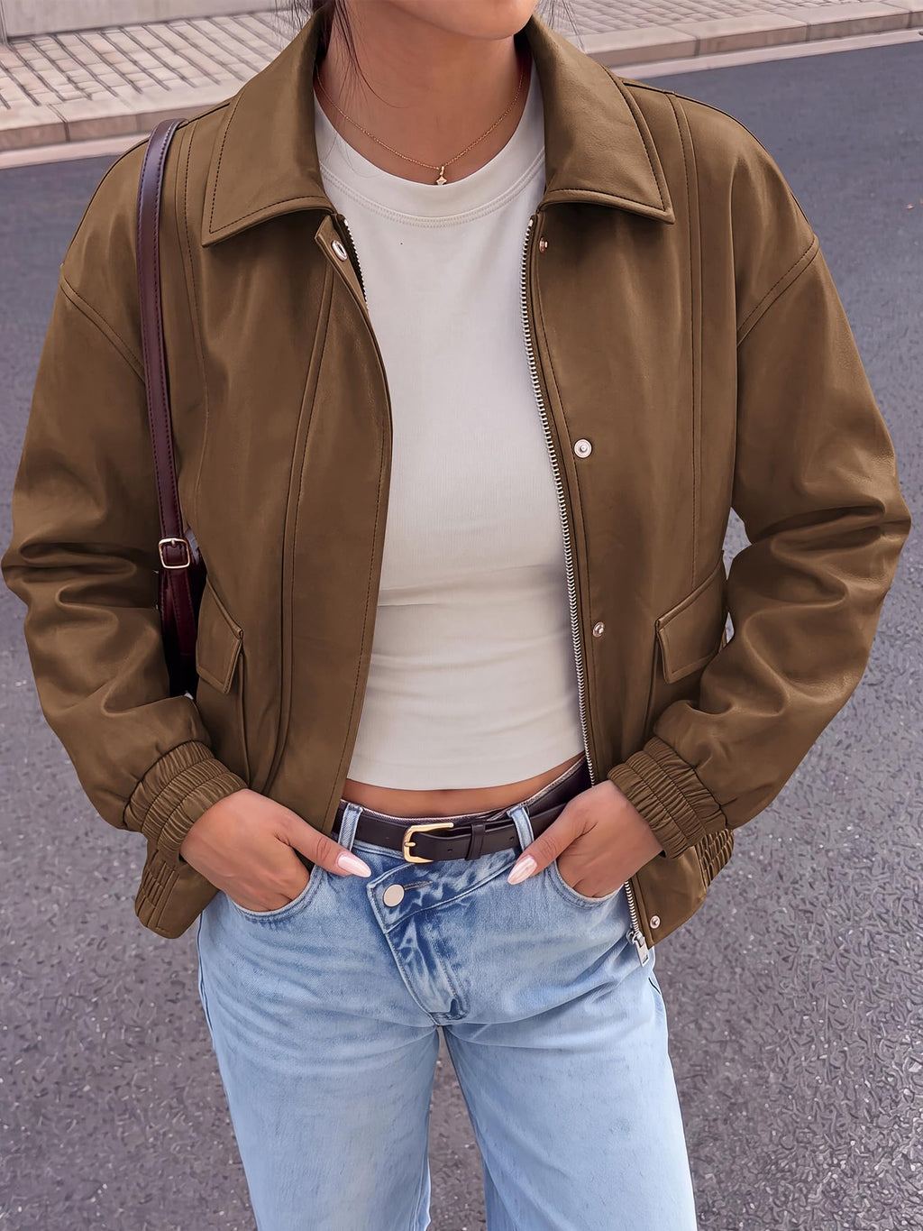 BTFBM Faux Leather Jacket Women Fall Clothes Long Sleeve, Bomber Jackets, Snaps, Pockets, Oversized, Zip Up Motorcycle Outerwear, Airport, Going Out Outfits, Winter Coat