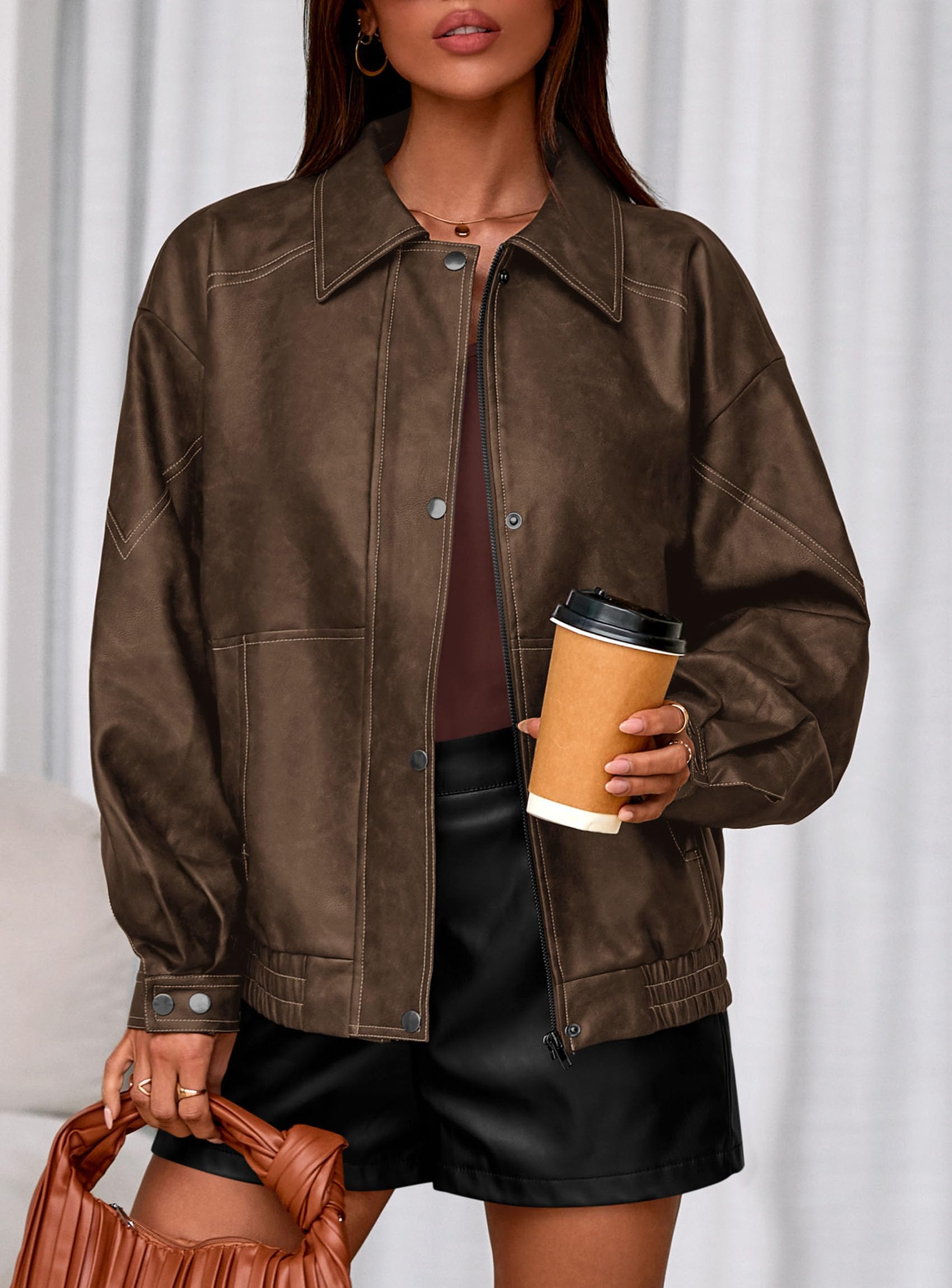 PRETTYGARDEN Faux Leather Jacket Women Bomber Motorcycle Zip Up Jackets Oversized Fall Fashion Outfits  Winter Coats