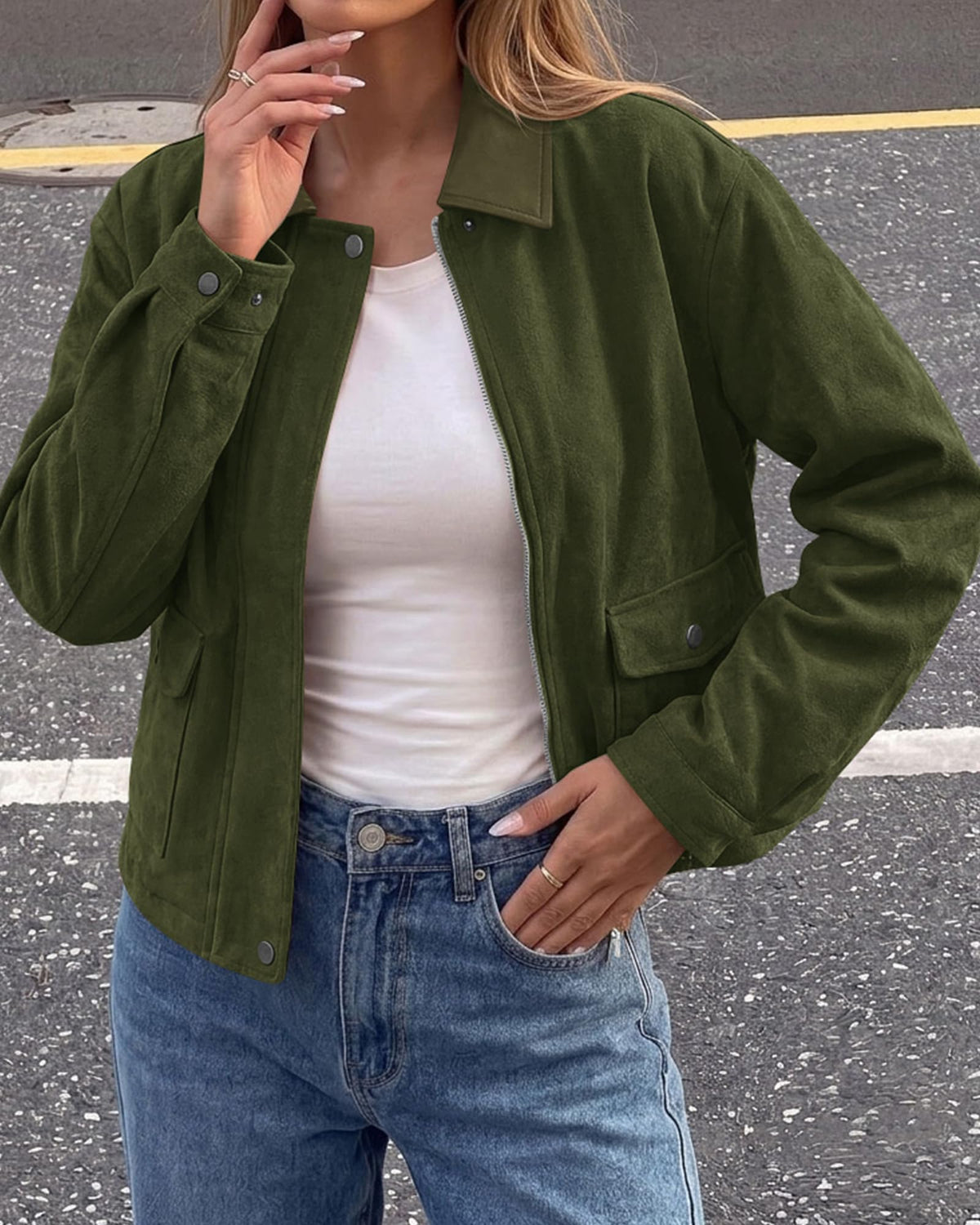 BTFBM Faux Suede Jacket Women Leather Lapel Zip Up Fall Outfits Button Down Long Sleeve Outerwear With Flap Pockets, Early Winter Coats, Motorcycle Jackets, Western Country Concert Outfits
