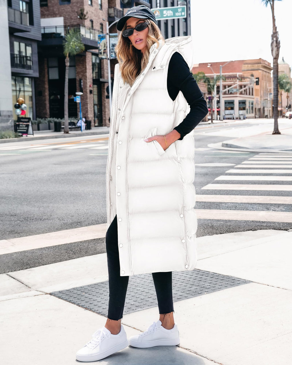 BTFBM Long Puffer Vest Women Quilted Hooded Button Down Zip Up Sleeveless Vests Outerwear Padded Jacket Fall Winter Coat