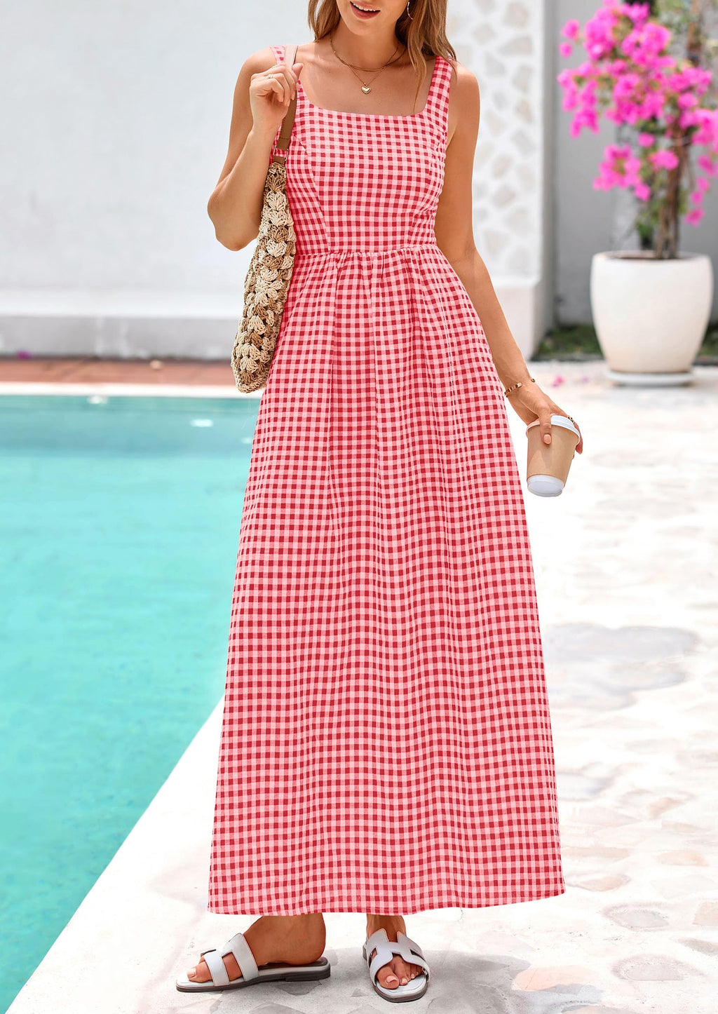 PRETTYGARDEN Women's Summer Spaghetti Strap Maxi Dresses Plaid Square Neck A Line Casual Beach Vacation Long Sundress