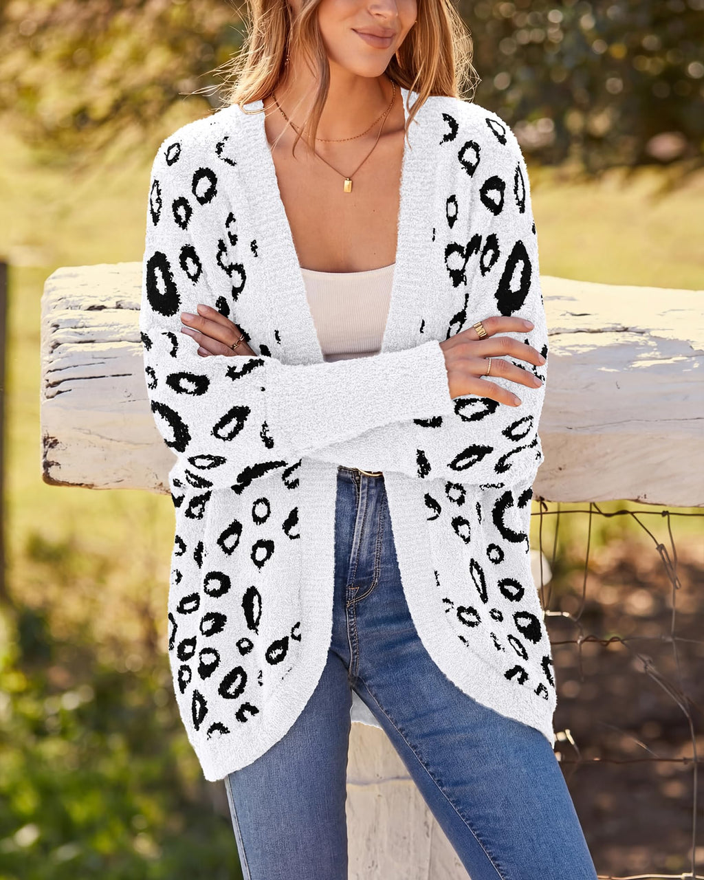 BTFBM Leopard Cardigan for Women Long Sleeve Open Front Cardigans Sweaters Pockets Loose Knit Fall Spring Outwear