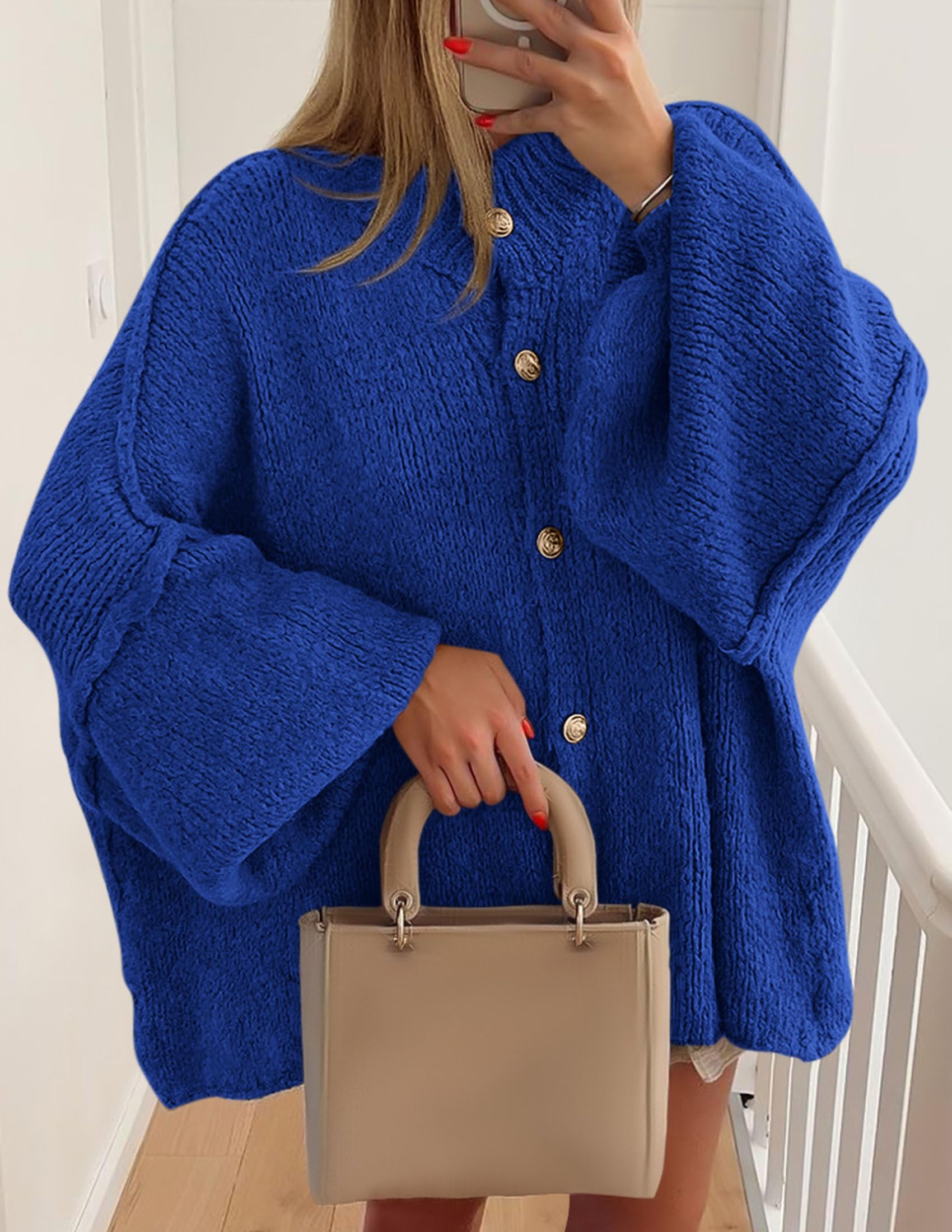 PRETTYGARDEN Women's Winter Button Down Cardigan Sweaters Mock Neck Lantern Long Sleeve Chunky Knit Jacket Trendy Outerwear