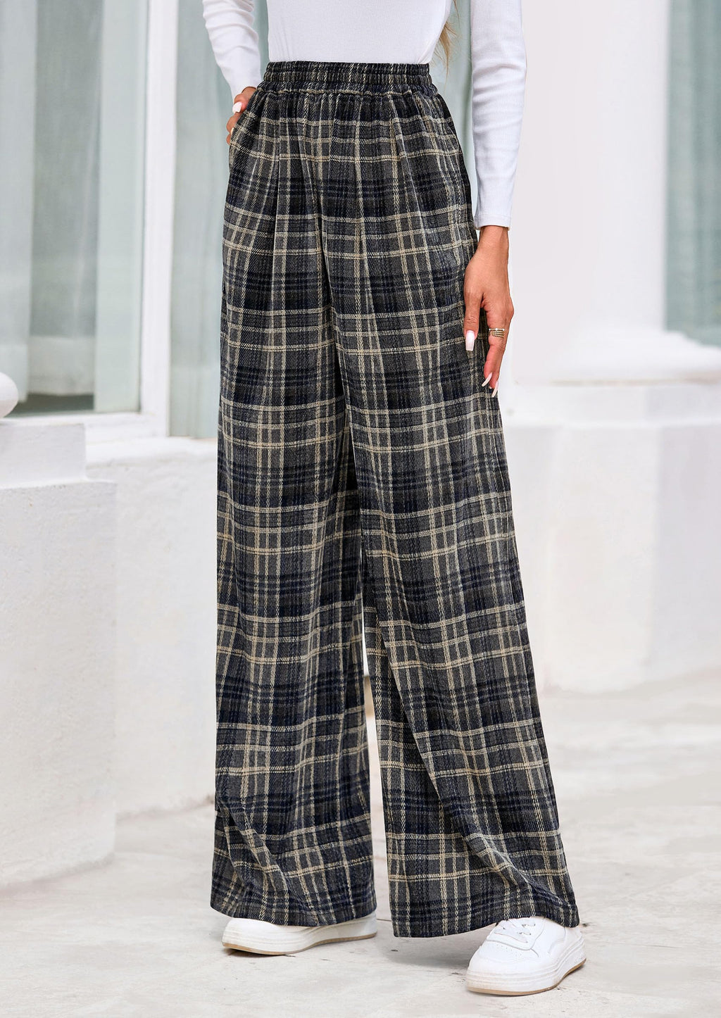 PRETTYGARDEN Casual Women's Pants Elastic Waist Palazzo Long Pajama Wide Leg Trousers Knit Fall Outfits with Pockets