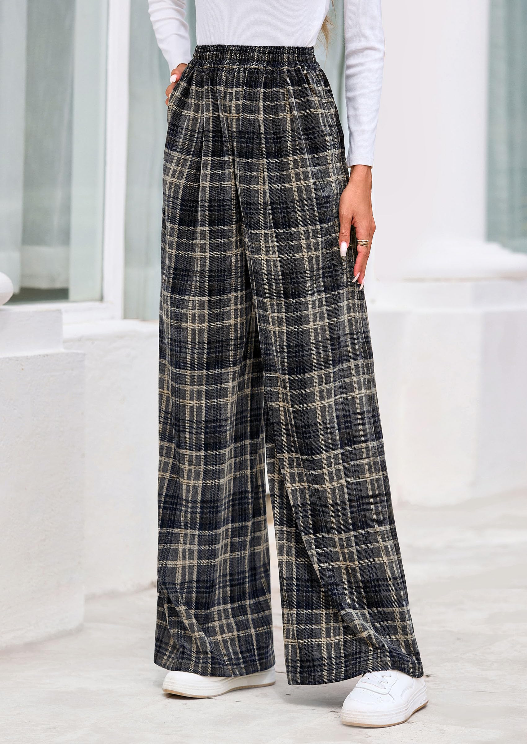 PRETTYGARDEN Casual Women's Pants Elastic Waist Palazzo Long Pajama Wide Leg Trousers Knit Fall Outfits with Pockets