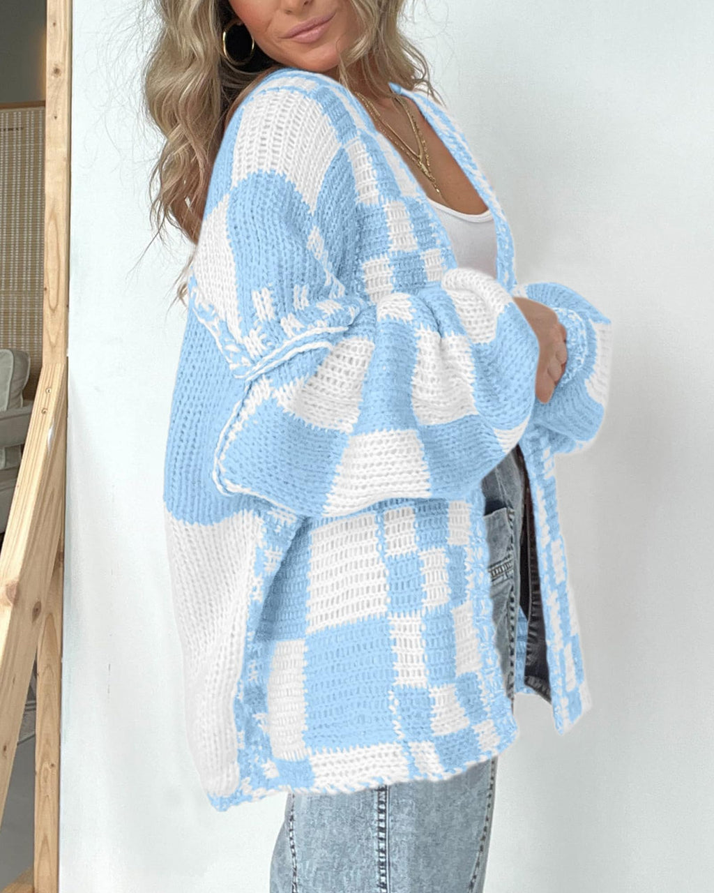 FreshPretty Casual Cardigan Sweater for Women Fall Long Sleeve Open Front Chunky Knit Sweaters Checkered Outwear Coat