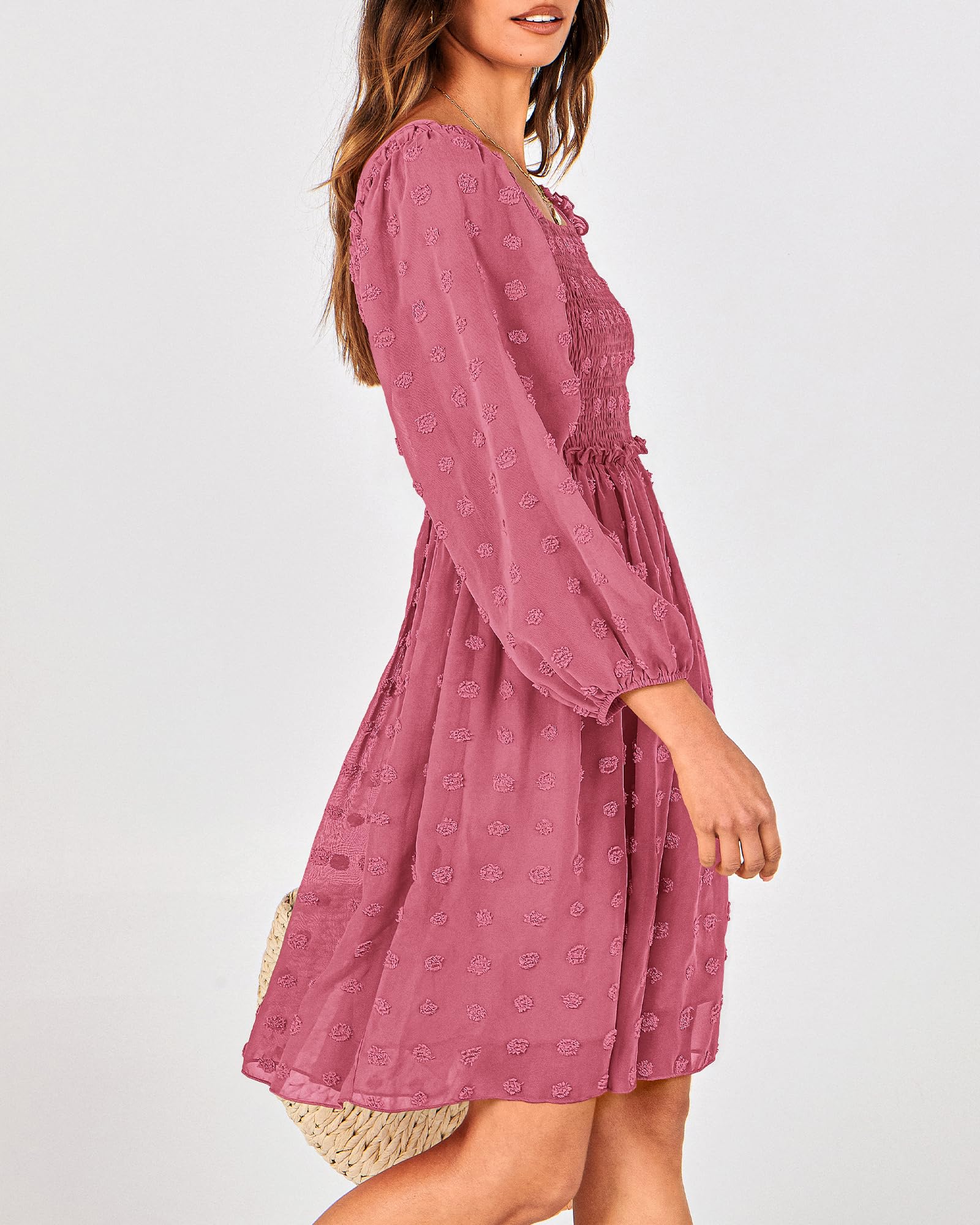 BTFBM Womens Long Sleeve Dress Summer Vacation Square Neck Smocked Floral Mini Boho Spring Wedding Guest Dresses