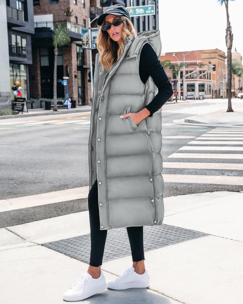 BTFBM Long Puffer Vest Women Quilted Hooded Button Down Zip Up Sleeveless Vests Outerwear Padded Jacket Fall Winter Coat