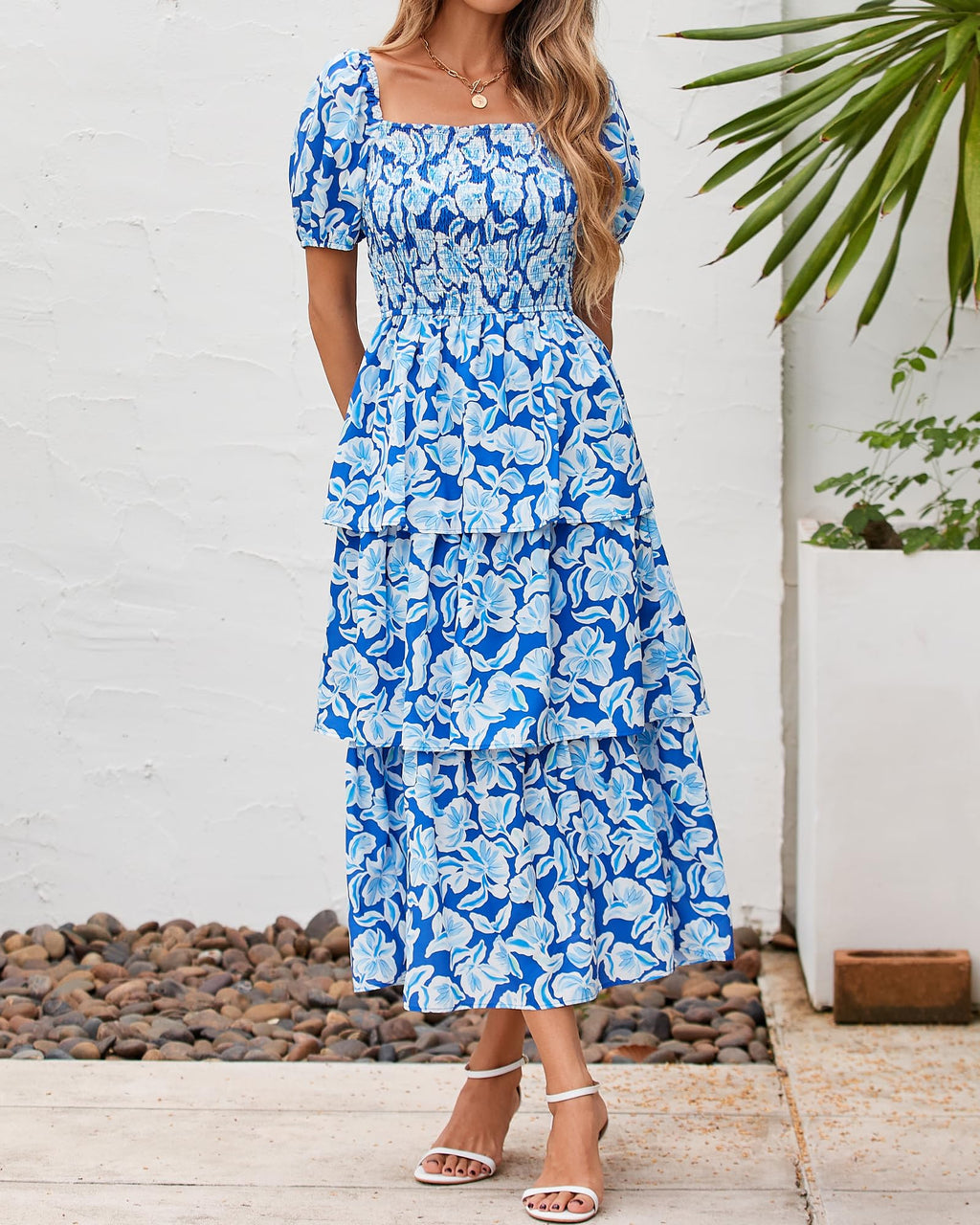 BTFBM Womens Square Neck Smocked Dress Summer Puff Short Sleeve Floral Casual Ruffle Tiered Maxi Wedding Guest Dresses