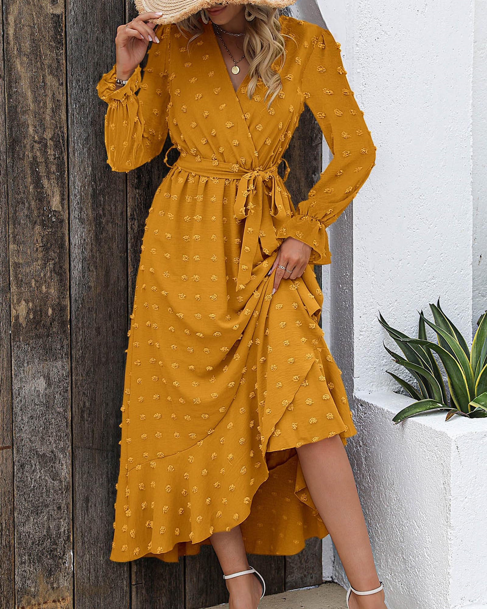 FreshPretty Long Sleeve Maxi Dresses for Women V Neck Swiss Dot Boho Flowy Slit Cocktail Wedding Guest Dress Fall Clothes