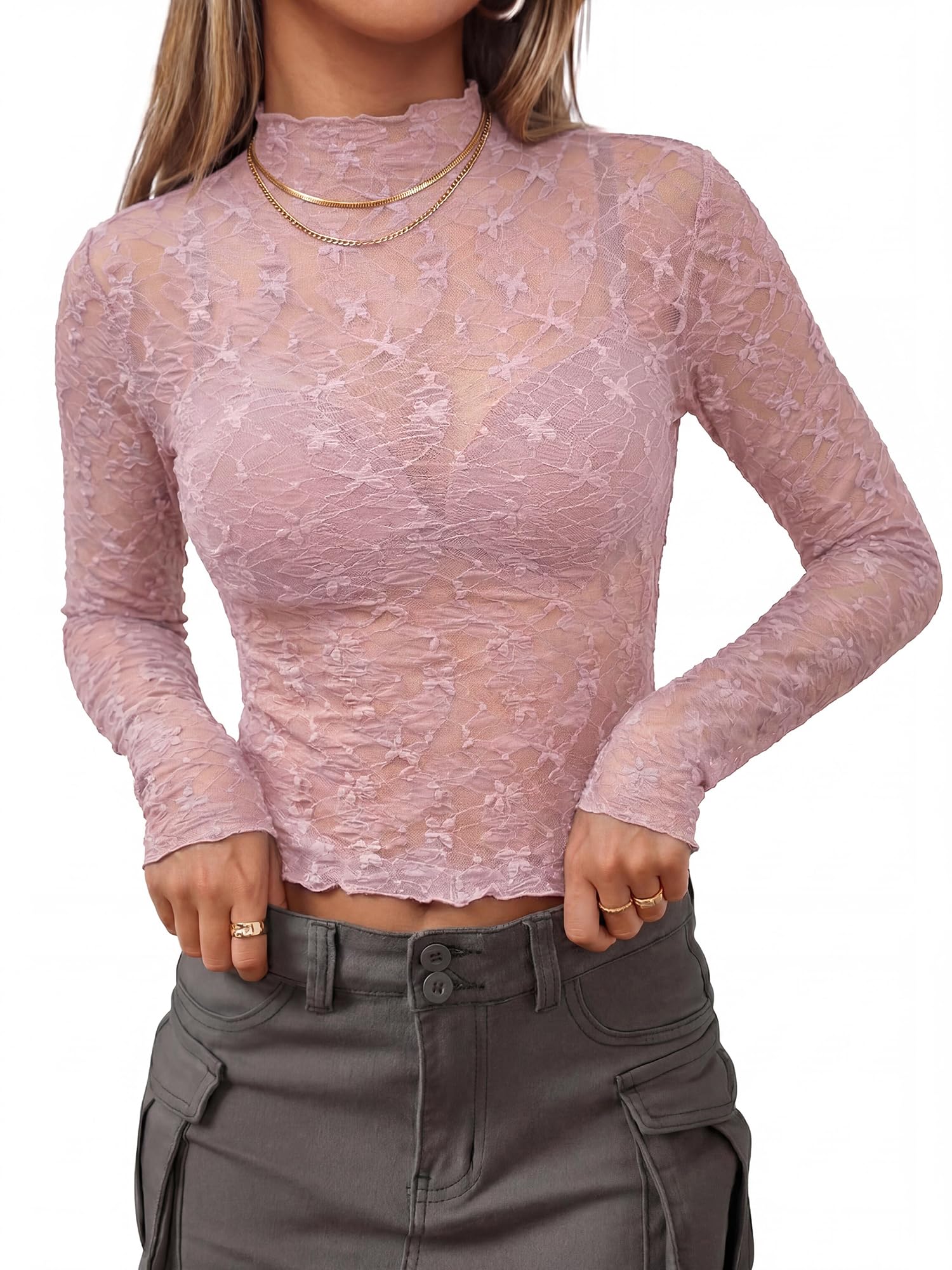 BTFBM Womens Tops Mesh Lace Long Sleeve Tops for Women Spring Fall Sheer See Through Tight Party Club Outfits