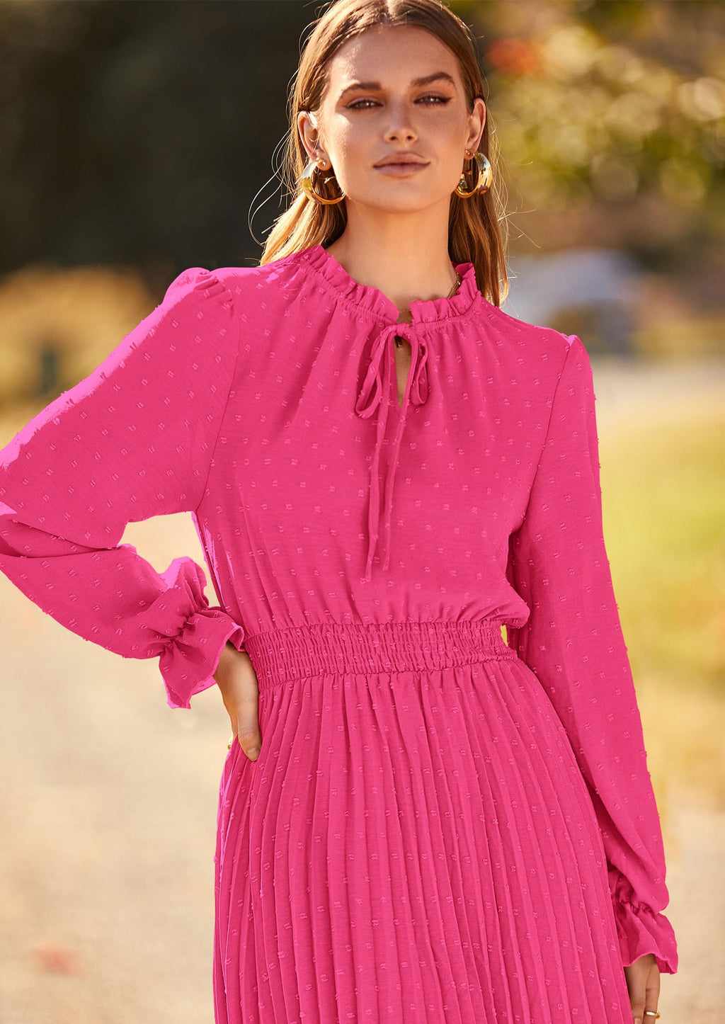 PRETTYGARDEN Women's Spring Fall Midi Dress Casual Long Sleeve V Neck Swiss Dot Pleated A Line Flowy Dresses