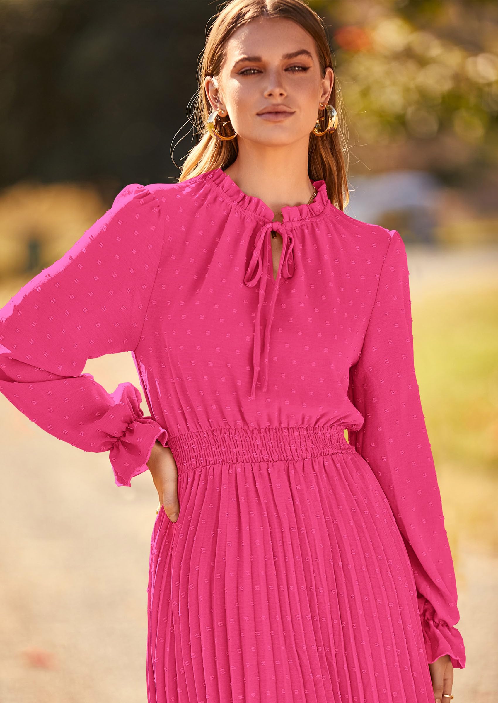 PRETTYGARDEN Women's Spring Fall Midi Dress Casual Long Sleeve V Neck Swiss Dot Pleated A Line Flowy Dresses