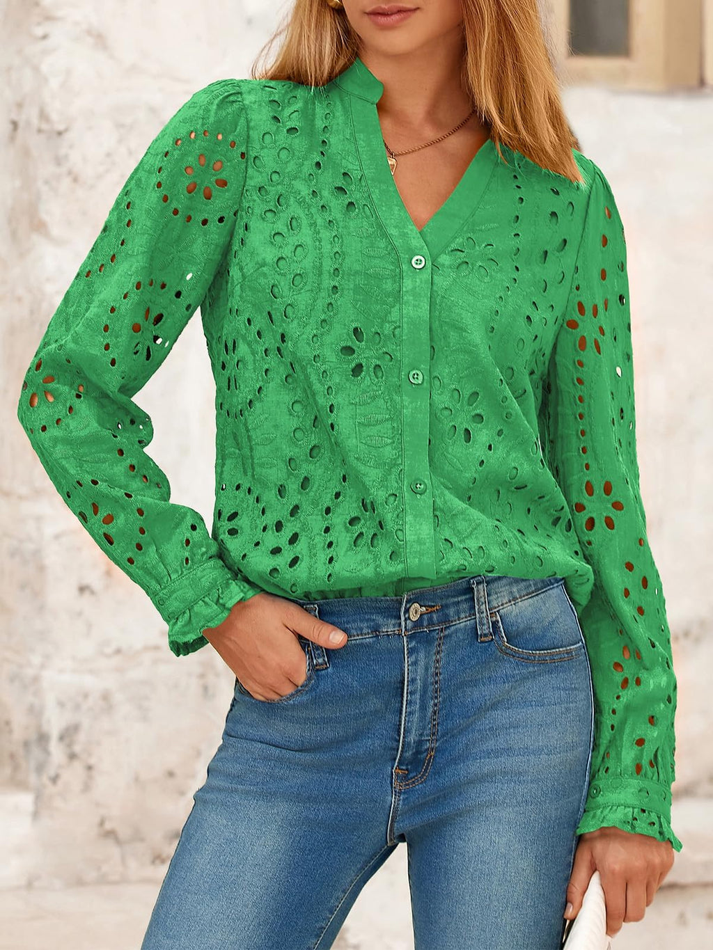 FreshPretty Women's Long Sleeve Shirts Button Down Dressy Casual Blouses V Neck Embroidery Hollow Out Tops Fall Winter Clothes