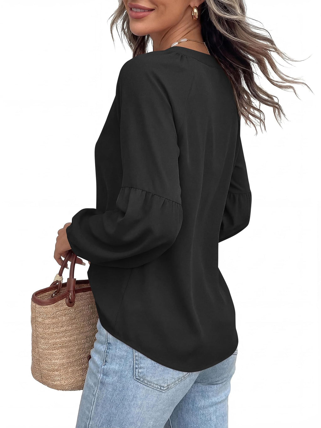 BTFBM Blouses for Women Dressy Casual Boho Tops V Neck Lightweight Long Sleeve Shirts Spring Clothes