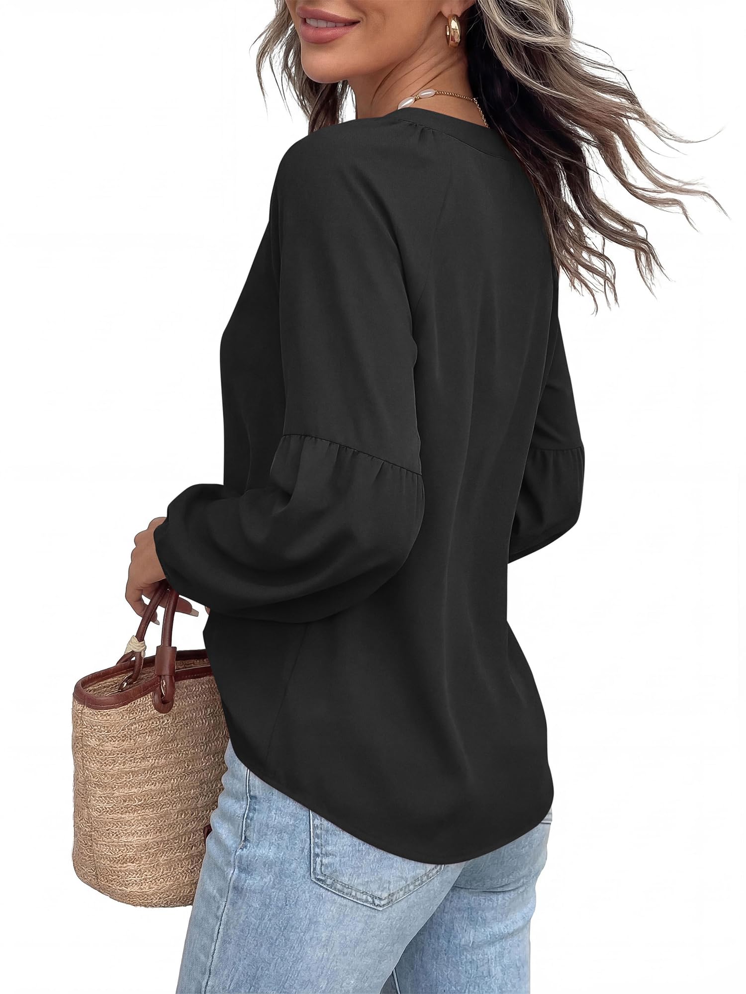 BTFBM Blouses for Women Dressy Casual Boho Tops V Neck Lightweight Long Sleeve Shirts Spring Clothes