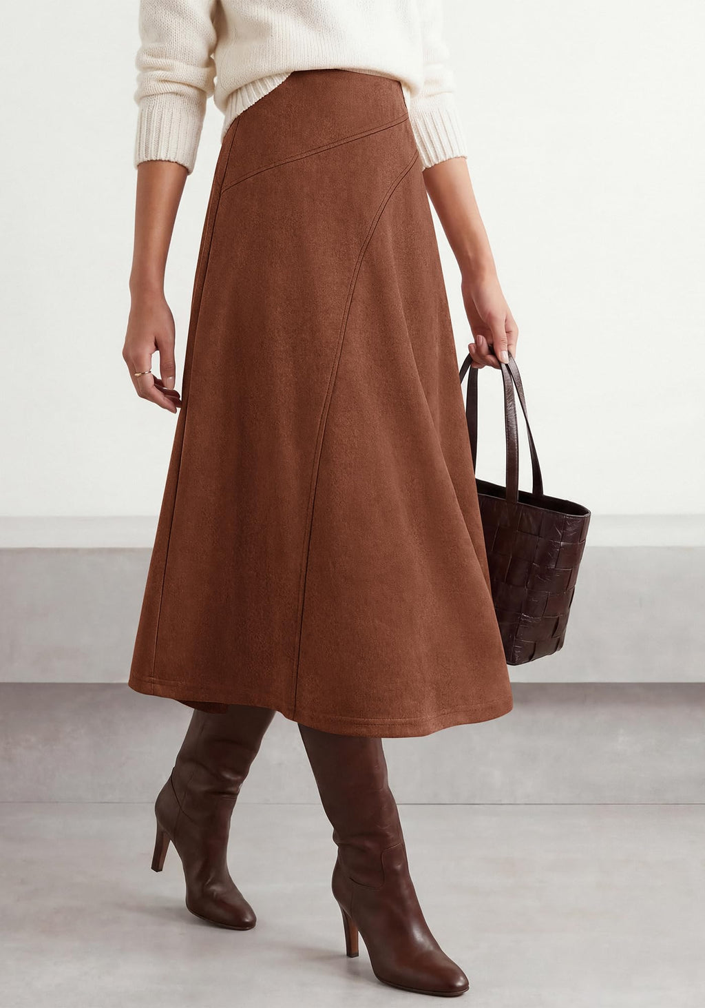 BTFBM Women Faux Suede Midi Long Skirt Fall Fashion | High Waisted Skirts For Women Trendy, Lightweight, Back Elastic, Arc Line Design, A-Line, Winter Dress, Boho Western Outfits