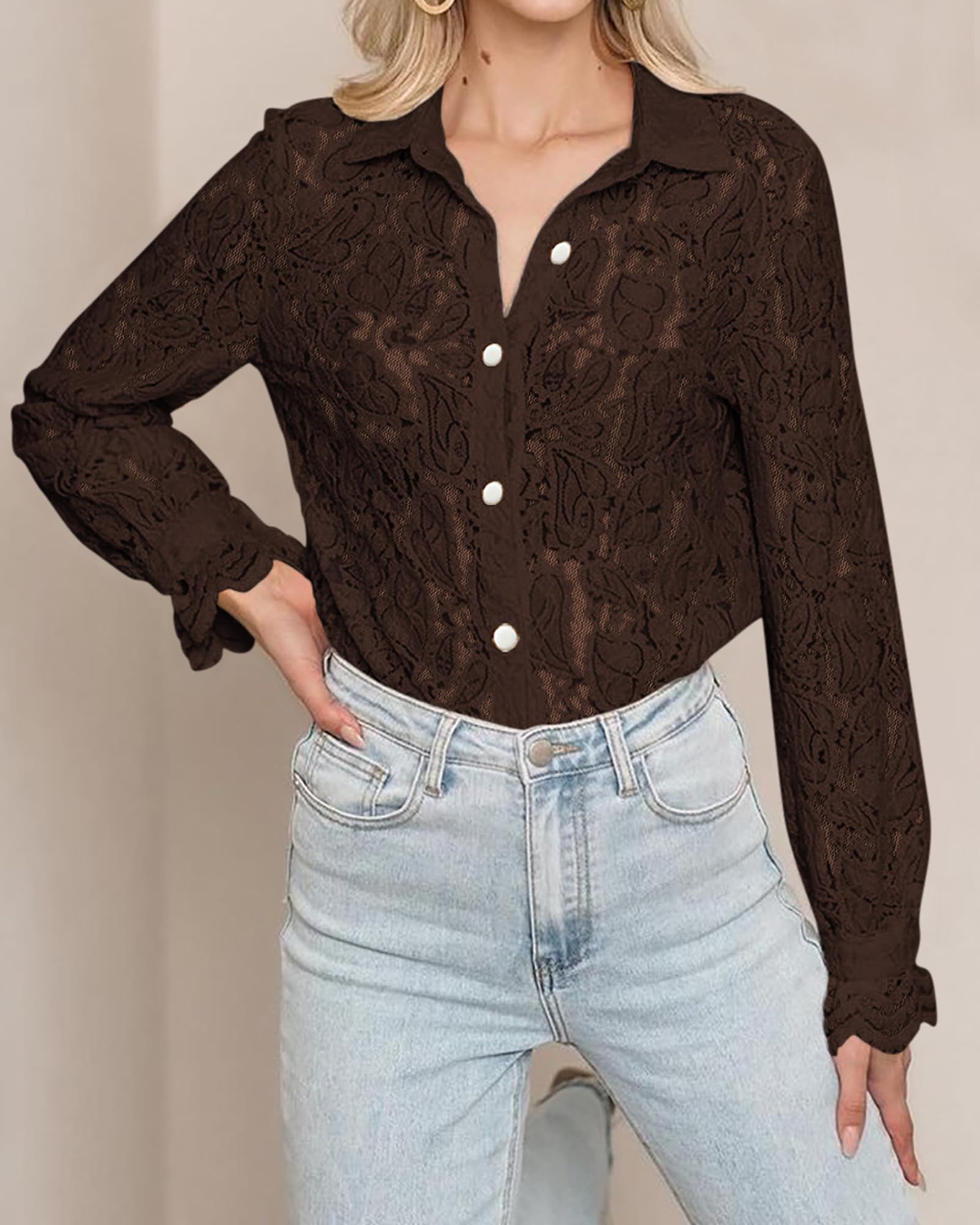 FreshPretty Long Sleeve Lace Blouses for Women Spring Dressy Casual Button Down Shirts Date Night Outfit Club Party Tops