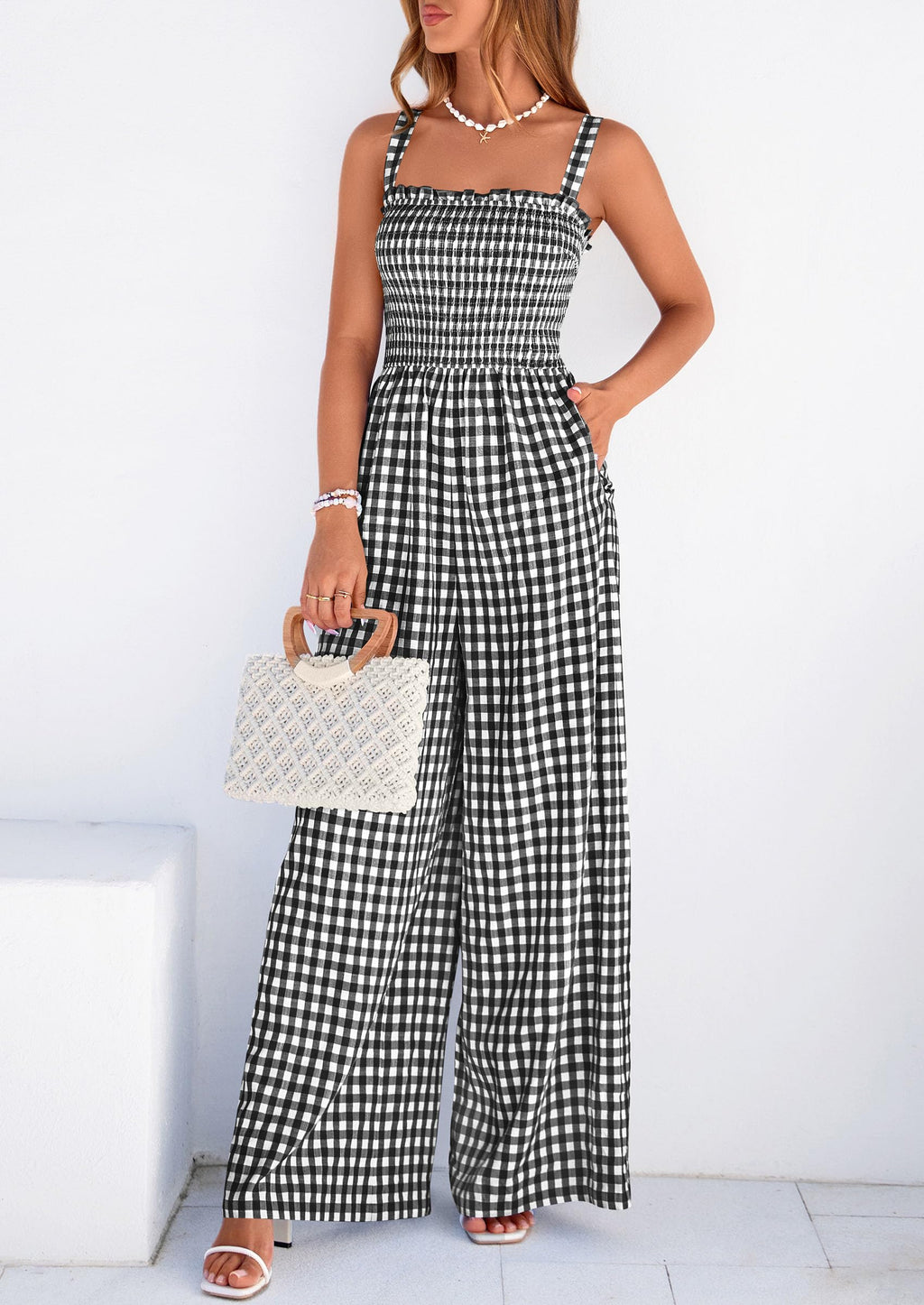 PRETTYGARDEN One Piece Jumpsuits for Women Casual Summer Cruise Outfits  Spring Fashion Smocked Wide Leg Gingham Rompers
