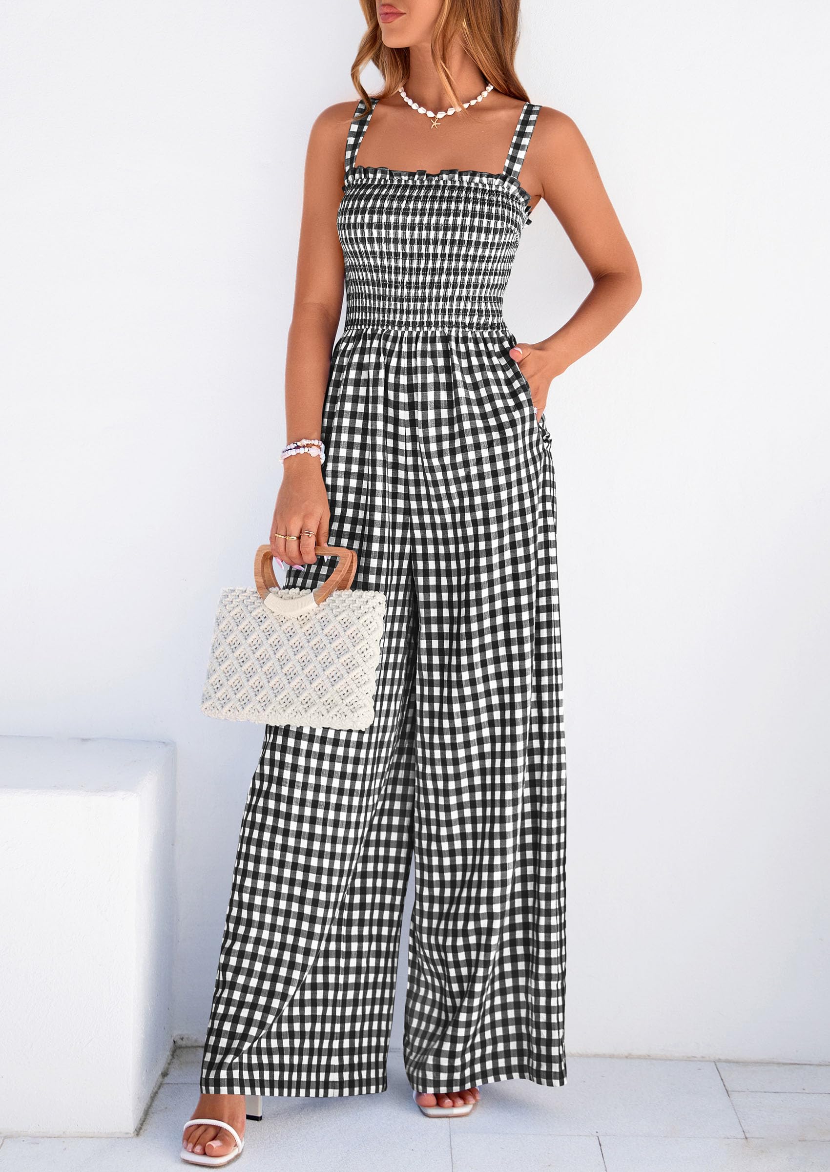 PRETTYGARDEN One Piece Jumpsuits for Women Casual Summer Cruise Outfits  Spring Fashion Smocked Wide Leg Gingham Rompers