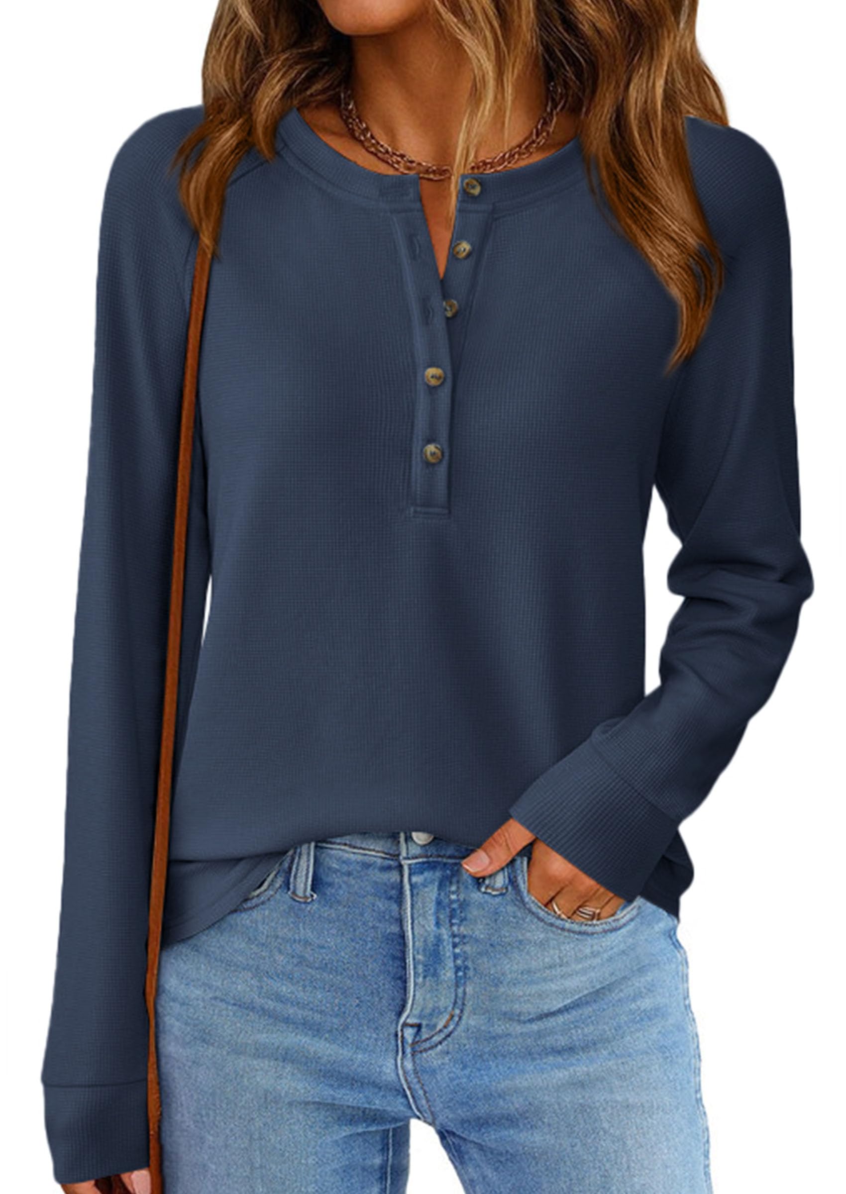 PRETTYGARDEN Women's Long Sleeve Waffle Knit Shirts Fall Casual Button Up Henley V Neck Tunic Tops Loose Fit Basic Tees