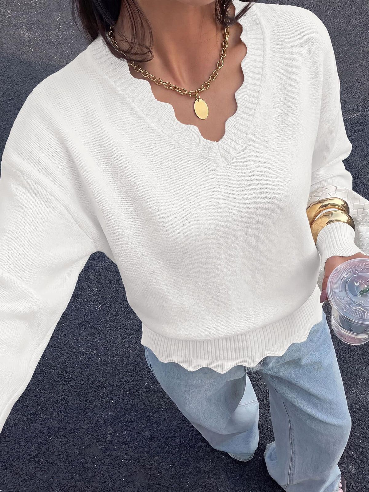 BTFBM Fall Long Sleeve Sweaters for Women | V Neck,Drop Shoulders,Scallop Edges,Lightweight Knit Sweaters Top,Daily Wear,Holiday,Christmas,Winter Clothing