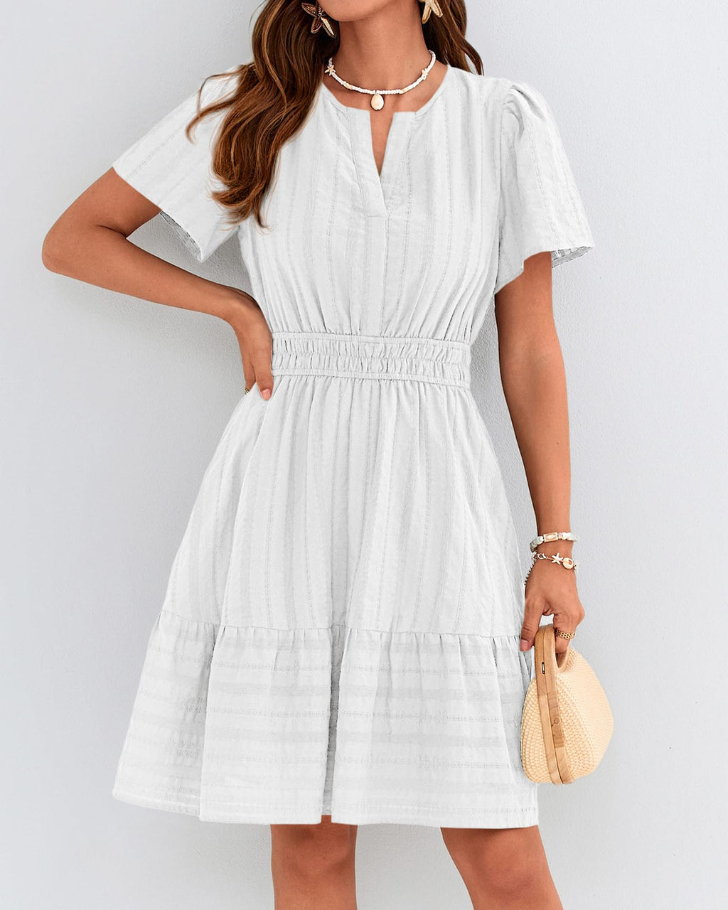 BTFBM Womens Spring  Casual Mini Dresses Lightweight Short Sleeve V Neck Elastic Waist Cute Boho Beach Dress Pockets