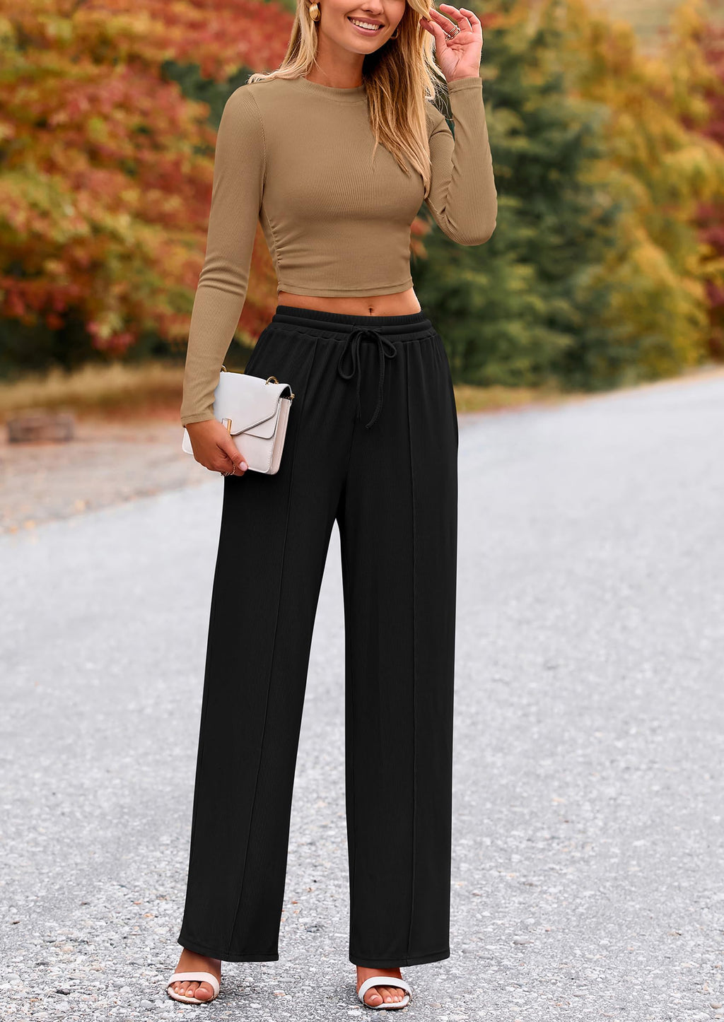 PRETTYGARDEN Women's 2 Piece Loungewear Long Sleeve Crop Top Wide Leg Palazzo Pants Set Tracksuits Casual Outfit