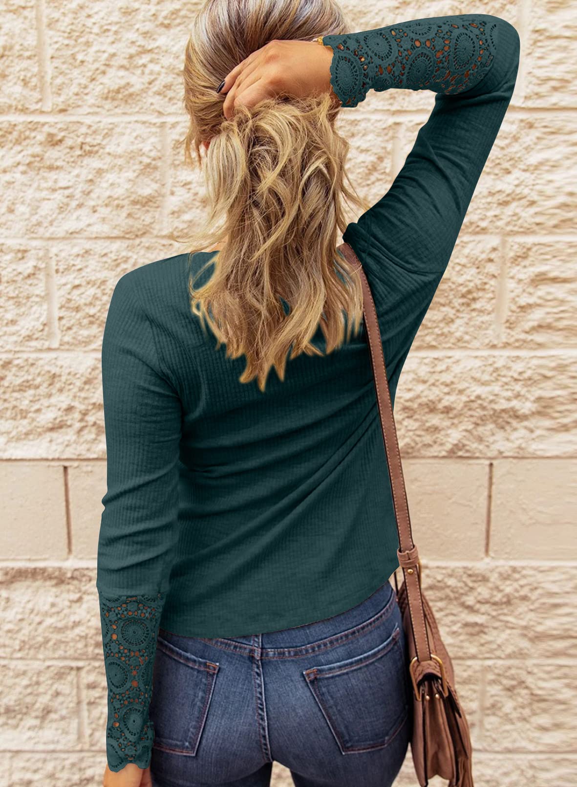FreshPretty Women Long Sleeve Shirts Spring Solid Button Up V Neck Lace Long Sleeves Slim Fit Knit Casual Fall T-Shirts