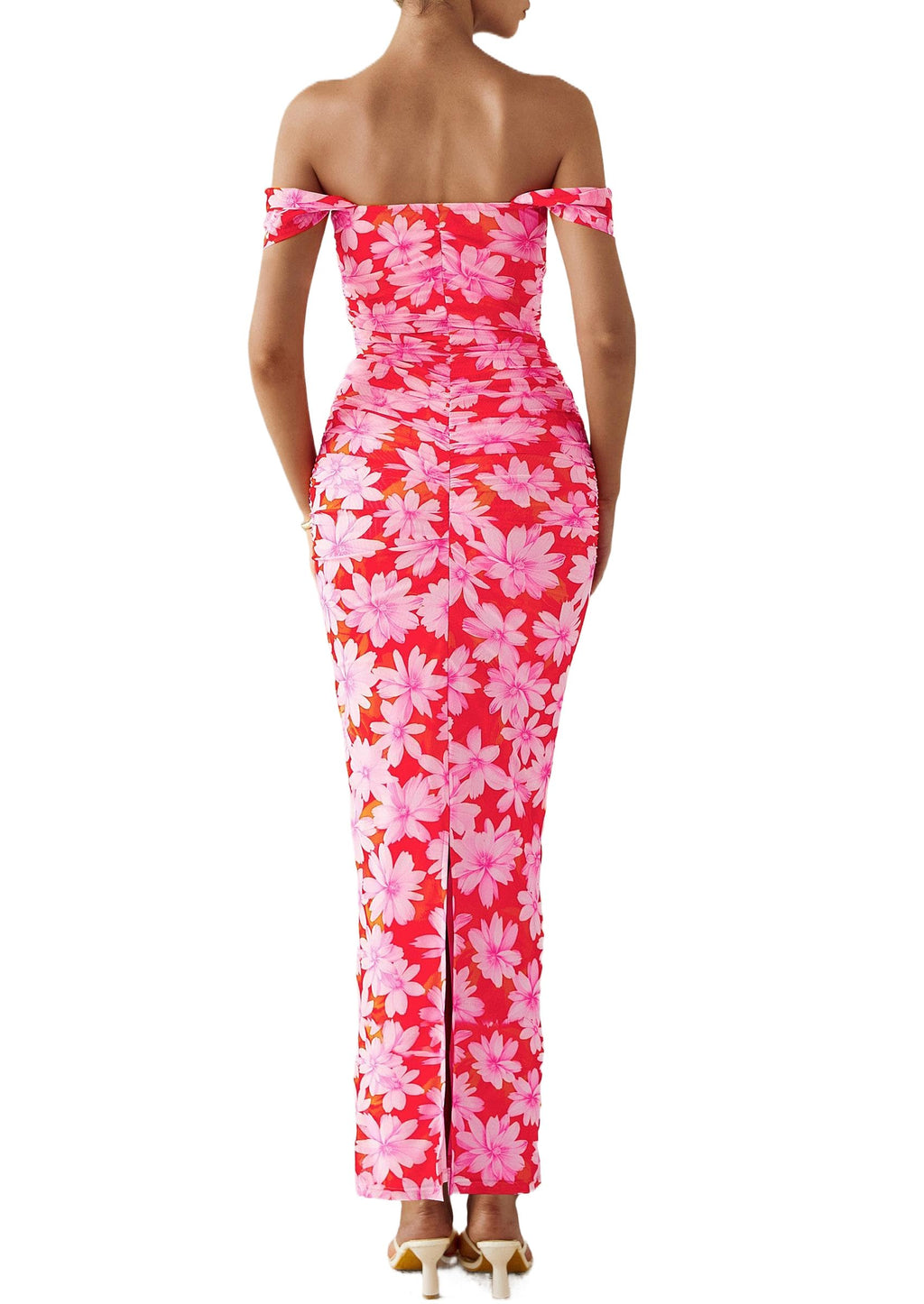 PRETTYGARDEN Cocktail Dresses for Women Summer Floral Off Shoulder Ruched Mesh Elegant Wedding Guest Maxi Dress