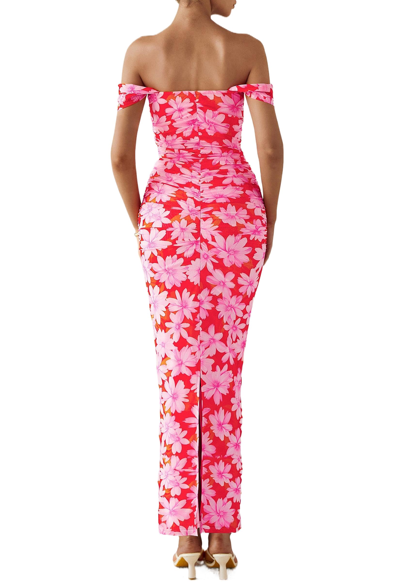 PRETTYGARDEN Cocktail Dresses for Women Summer Floral Off Shoulder Ruched Mesh Elegant Wedding Guest Maxi Dress
