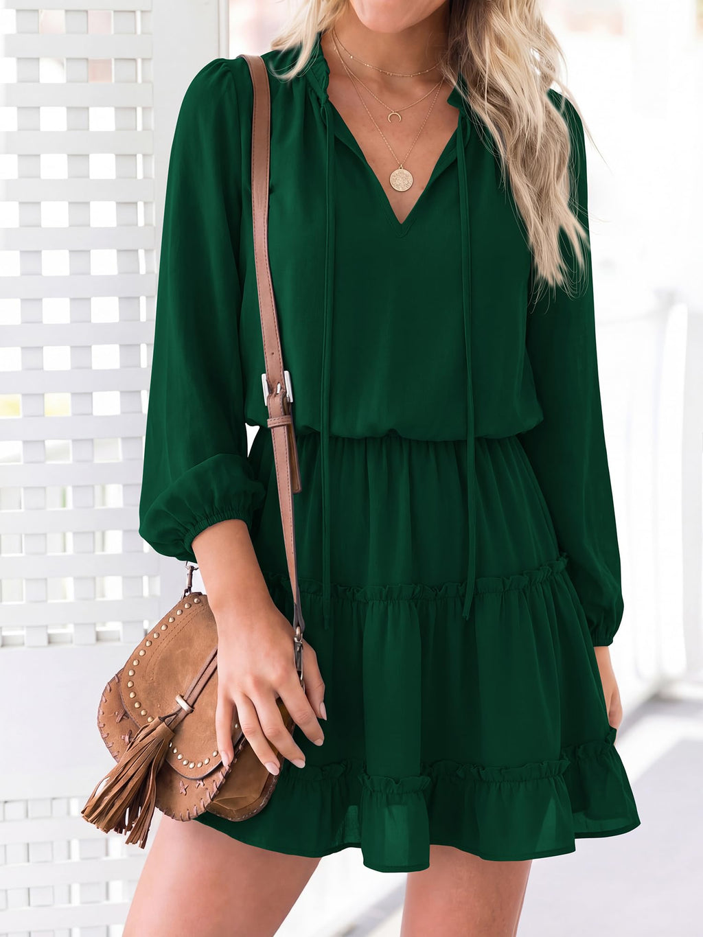 BTFBM Long Sleeve Summer Dresses for Women Casual Tie Neck Ruffle Tiered A Line Mini Spring Wedding Guest Dress