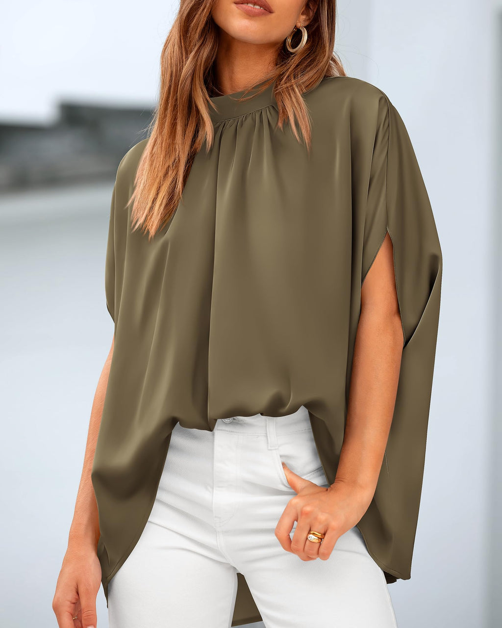 BTFBM Womens Summer Tops Mock Neck Batwing Sleeve Silk Satin Shirts Loose Oversized Dressy Casual Spring Blouses