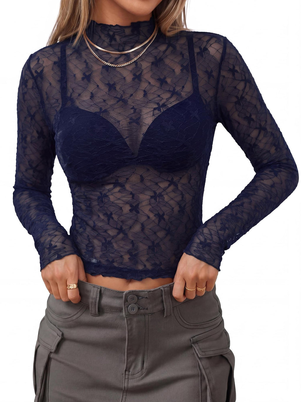 BTFBM Womens Tops Mesh Lace Long Sleeve Tops for Women Spring Fall Sheer See Through Tight Party Club Outfits