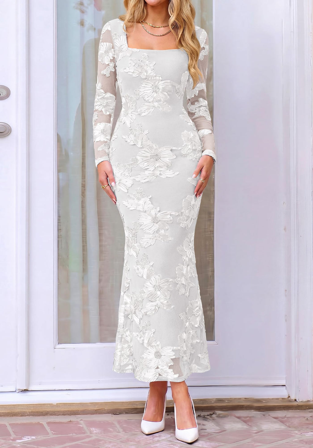 BTFBM Womens Long Sleeve Bodycon Floral Mesh Maxi Fall Wedding Guest Dress Semi Formal Dresses For Bridal Shower, Engagement, Cocktail, Homecoming, Prom, Birthday Party, Date Night Outfits, Lined
