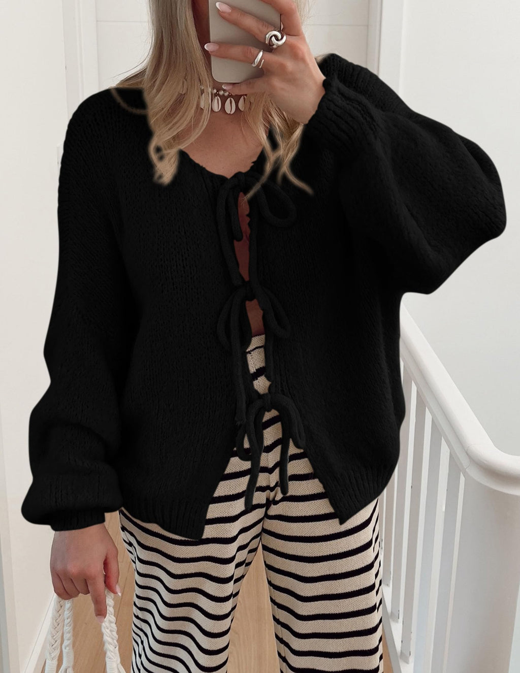 PRETTYGARDEN Women's Tie Front Bow Cardigan Sweaters Chunky Knit Long Puff Sleeve Trendy Fall Winter Jacket Coat